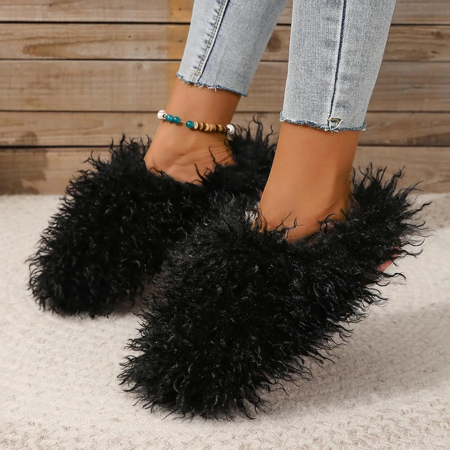 Big Fuzzy Faux Fur Slippers, Unisex Fuzzy Wool-Like House Slides, Women's Warm Plush Fluffy Long Hair Sheep Slip on Shoes