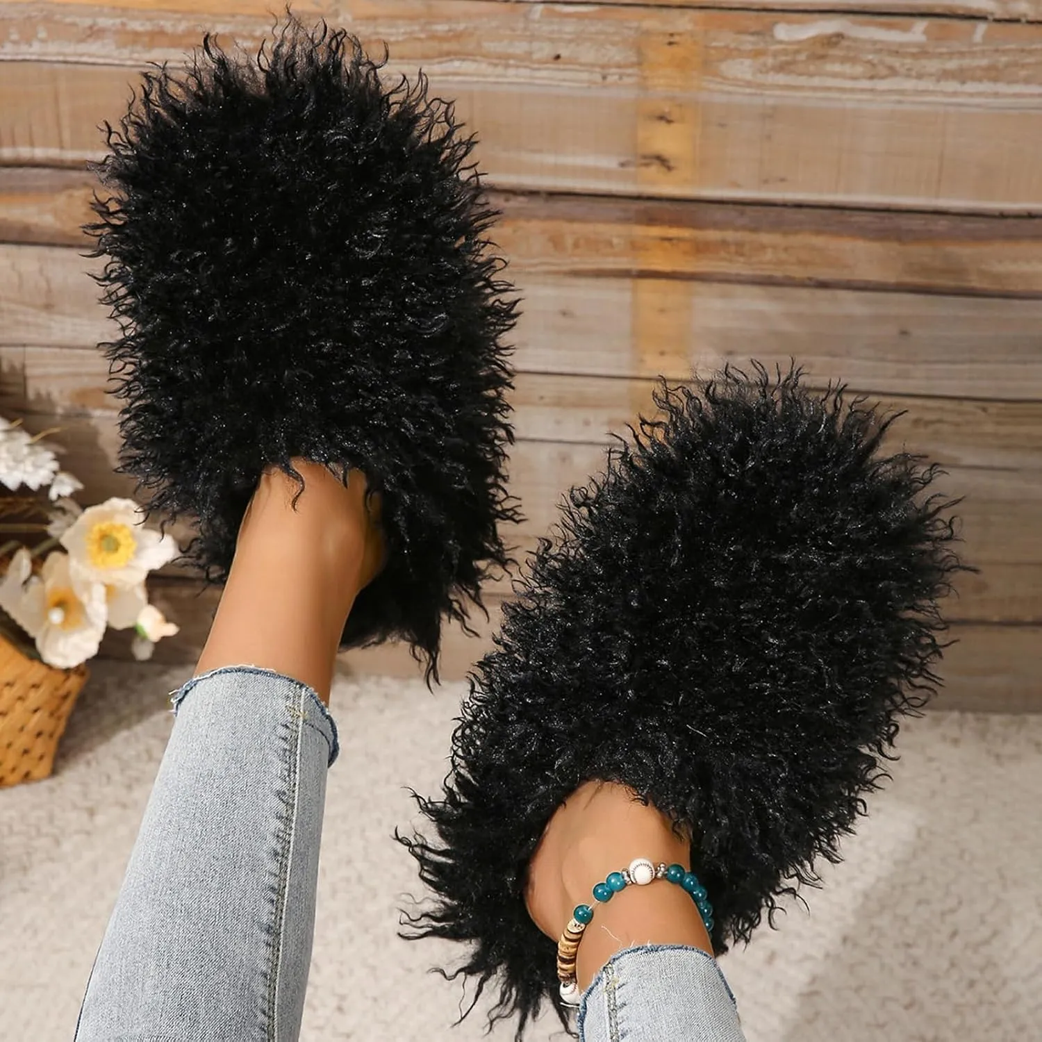 Big Fuzzy Faux Fur Slippers, Unisex Fuzzy Wool-Like House Slides, Women's Warm Plush Fluffy Long Hair Sheep Slip on Shoes