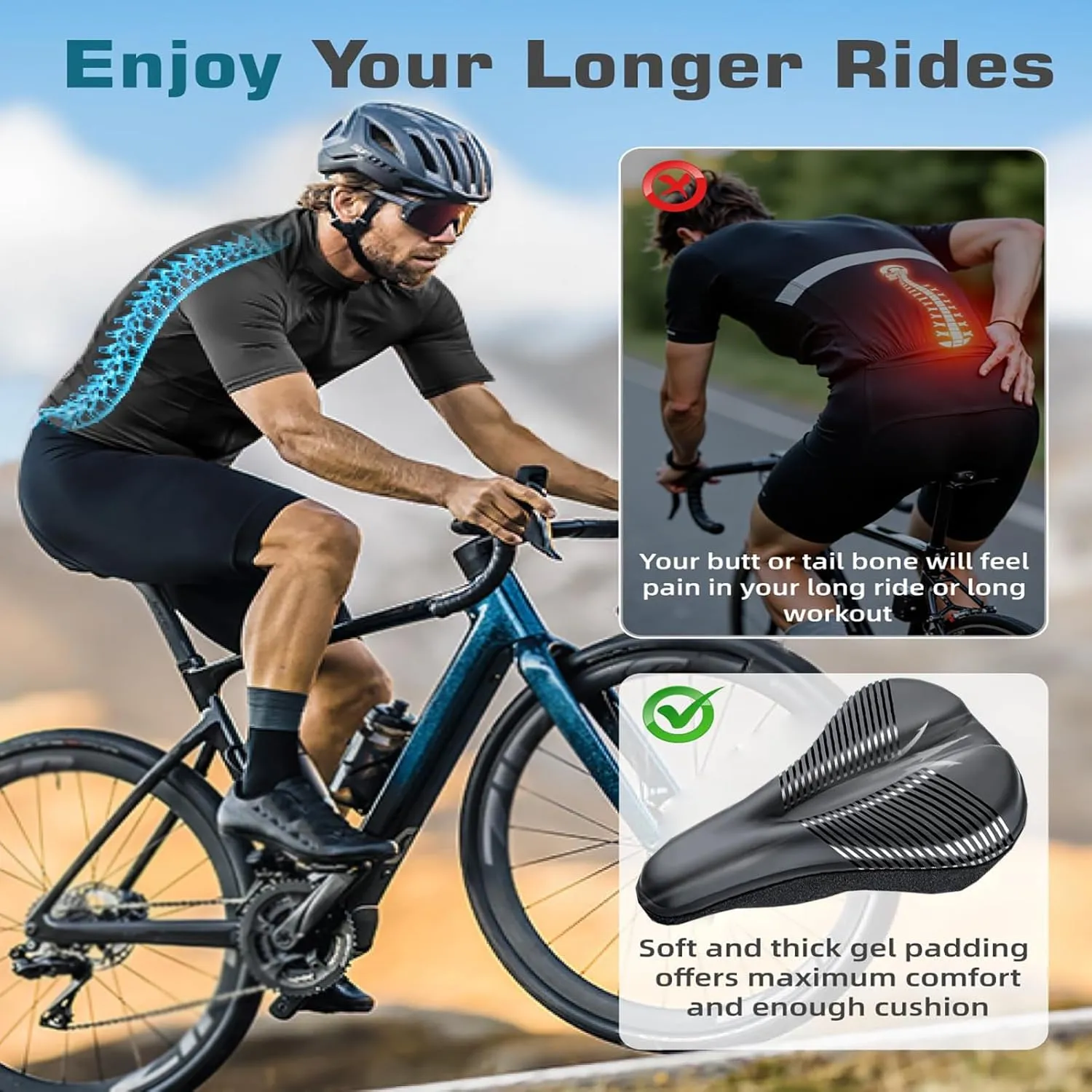 Bike Seat Cushion for Diamondback Andean Arden 3 Ascent EX Atroz 1 Axis Pro, Memory Foam & Gel Padded Cover Bicycle Seat for Men Women Shock-Absorbing Comfort Bike Seat Pad,A