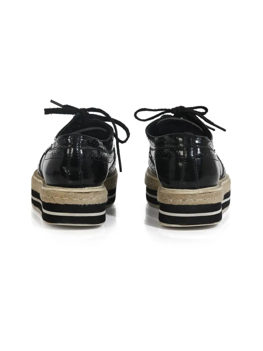 Black Brogue Leather Derby Lace Up Espadrille Sneakers/Size-38EUR