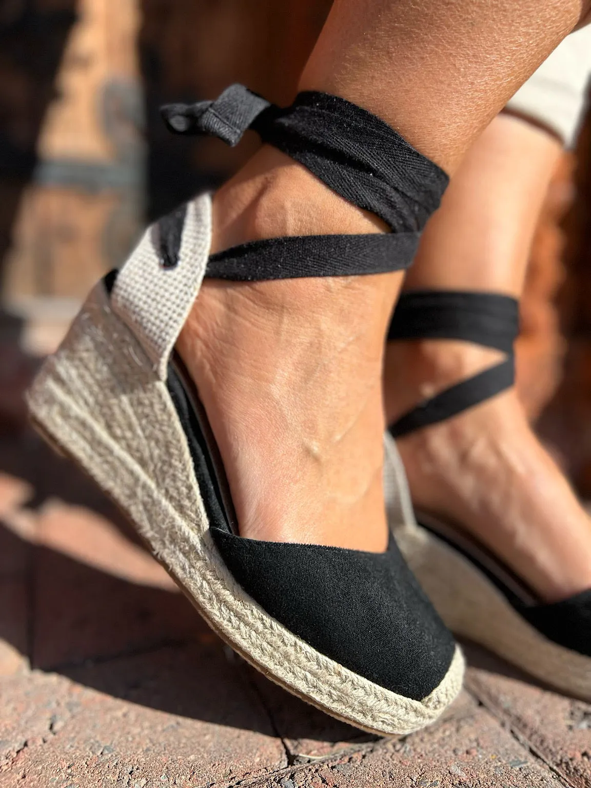 Black Lace Up Espadrille Wedge