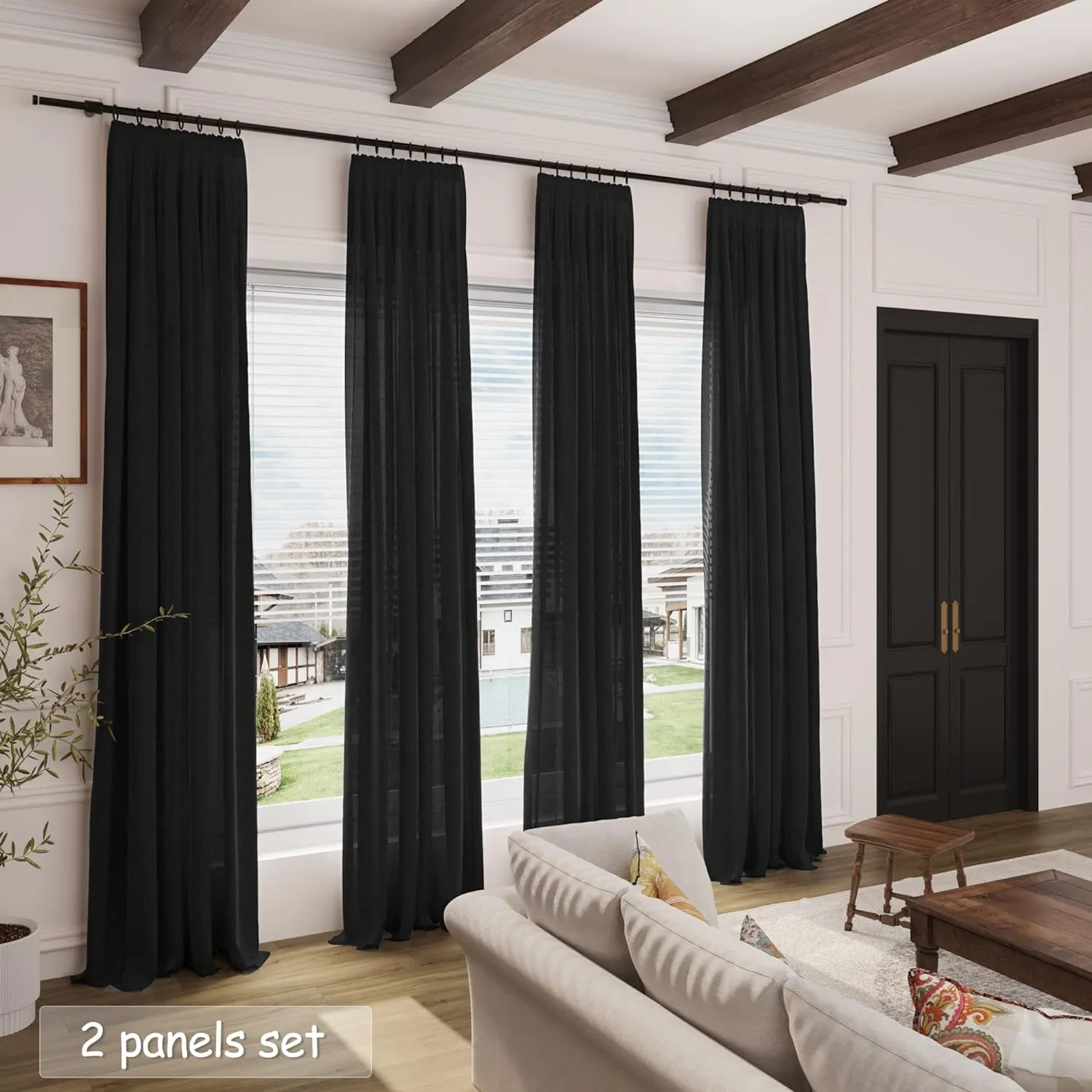 Black Linen Curtains 84 inches Long 2 Panels for Bedroom Back Tab Light Filtering Privacy Sheer Black Curtains Muslin Look Modern Farmhouse Cotton Textured Gauze Curtain for Living Room 2 Panel Set