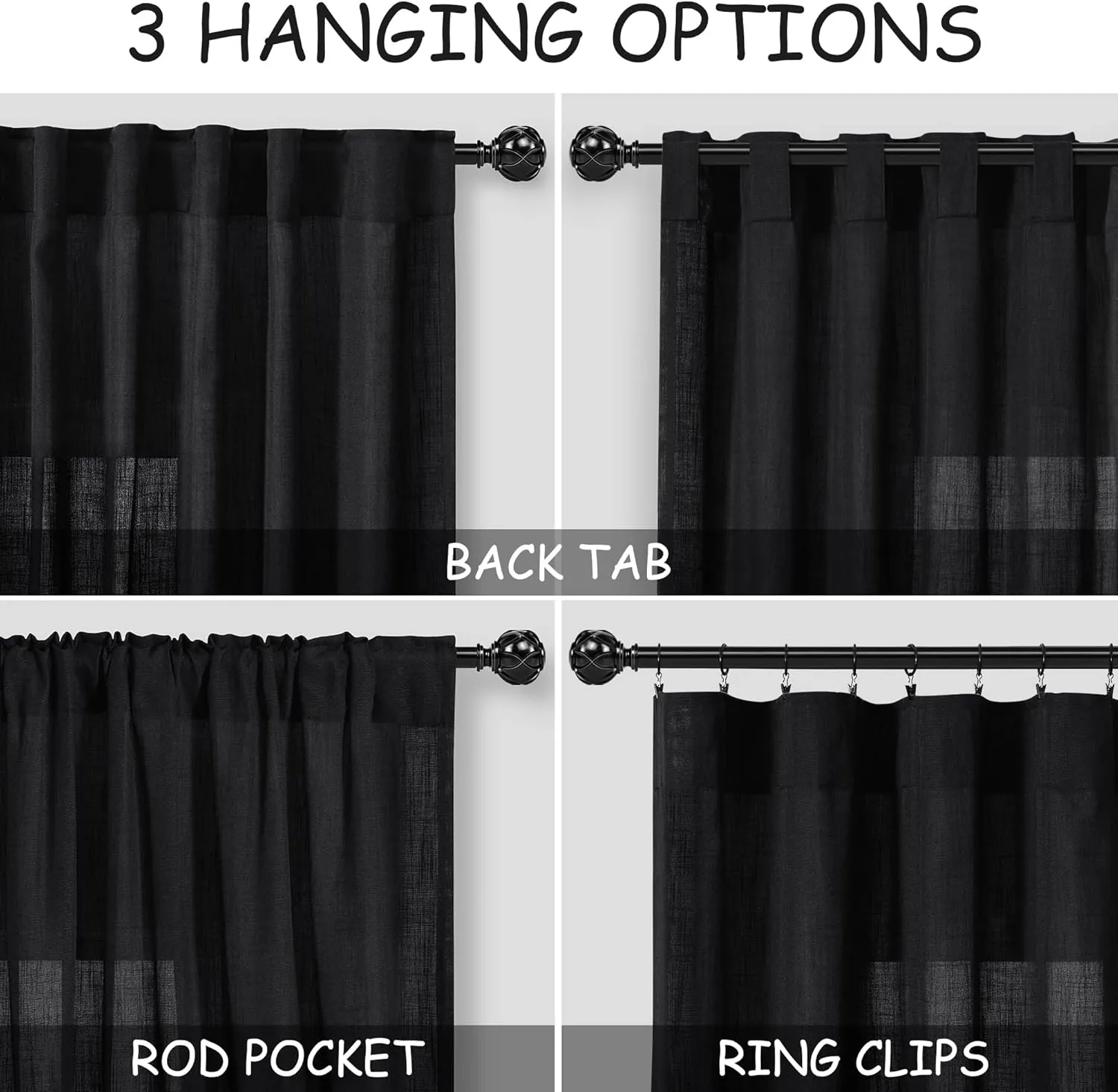 Black Linen Curtains 84 inches Long 2 Panels for Bedroom Back Tab Light Filtering Privacy Sheer Black Curtains Muslin Look Modern Farmhouse Cotton Textured Gauze Curtain for Living Room 2 Panel Set