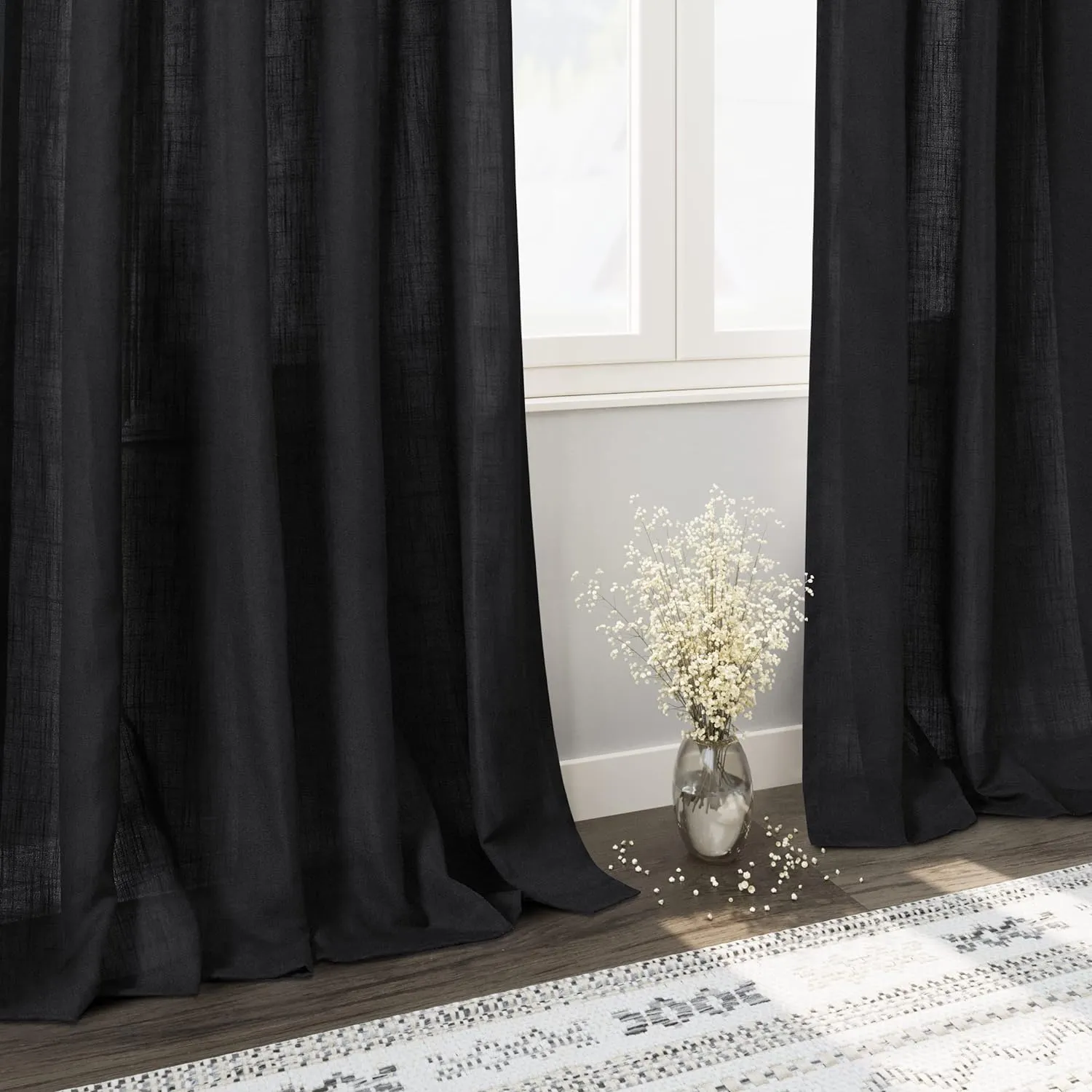 Black Linen Curtains 84 inches Long 2 Panels for Bedroom Back Tab Light Filtering Privacy Sheer Black Curtains Muslin Look Modern Farmhouse Cotton Textured Gauze Curtain for Living Room 2 Panel Set