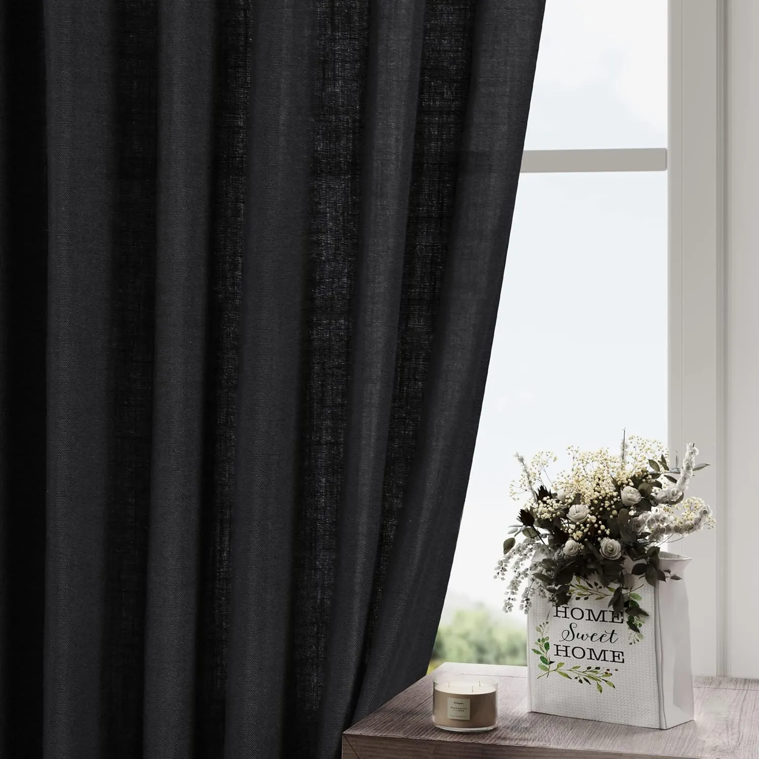 Black Linen Curtains 84 inches Long 2 Panels for Bedroom Back Tab Light Filtering Privacy Sheer Black Curtains Muslin Look Modern Farmhouse Cotton Textured Gauze Curtain for Living Room 2 Panel Set