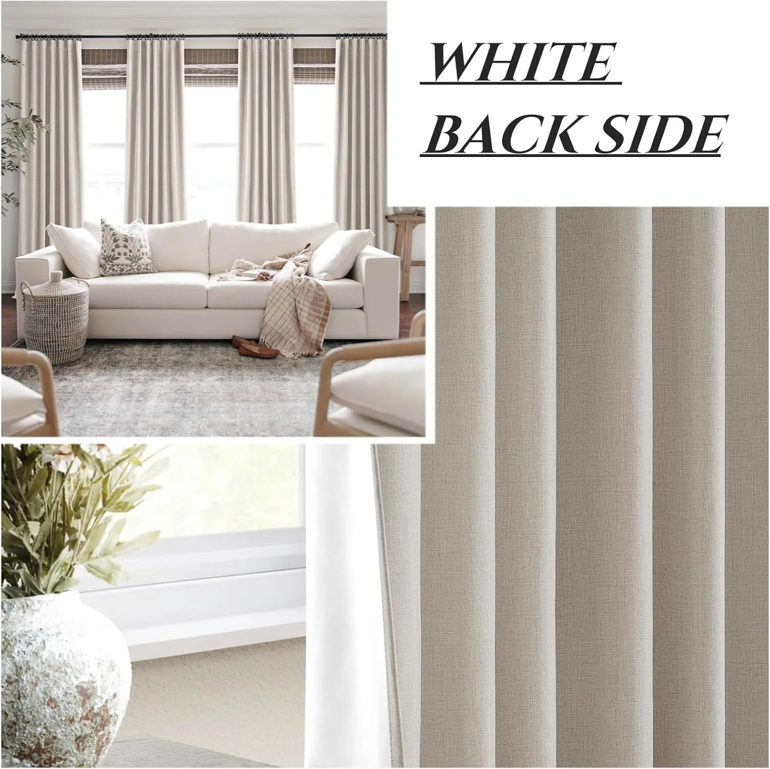 Black Out 96 Inch Long Boho Curtains 2 Panel Set, Farmhouse Curtains for Living Room Darkening/Thermal/Noise Reduction Textured Flax Linen Drape 8ft Hook&Ring Included Birch Off White 50"x96"