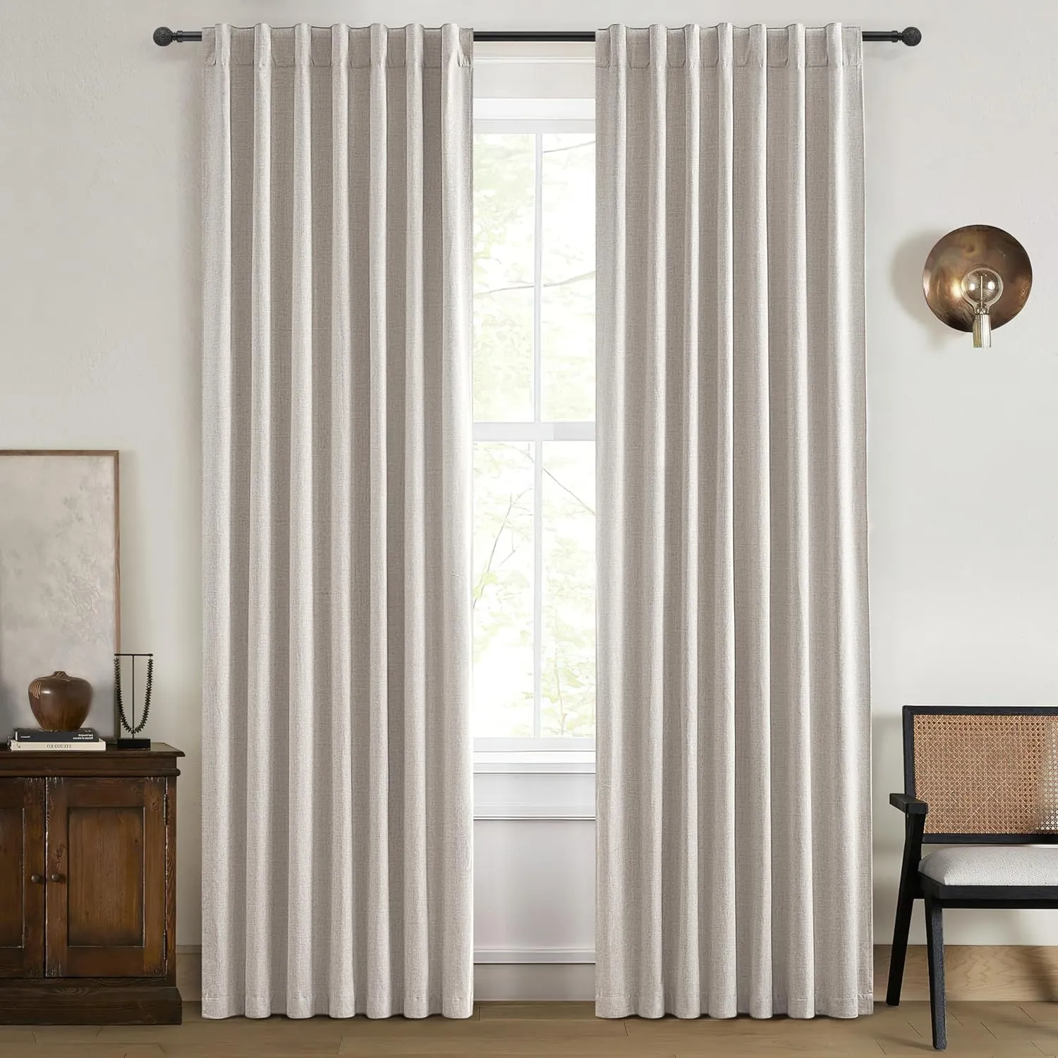 Black Out 96 Inch Long Boho Curtains 2 Panel Set, Farmhouse Curtains for Living Room Darkening/Thermal/Noise Reduction Textured Flax Linen Drape 8ft Hook&Ring Included Birch Off White 50"x96"