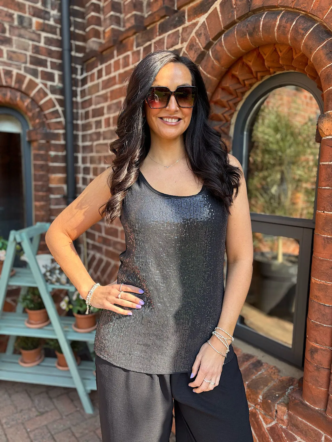 Black Sequin Vest Top Rebecca