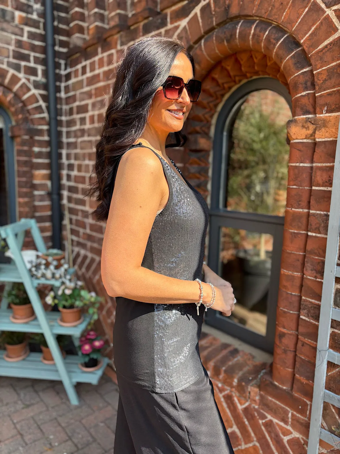 Black Sequin Vest Top Rebecca