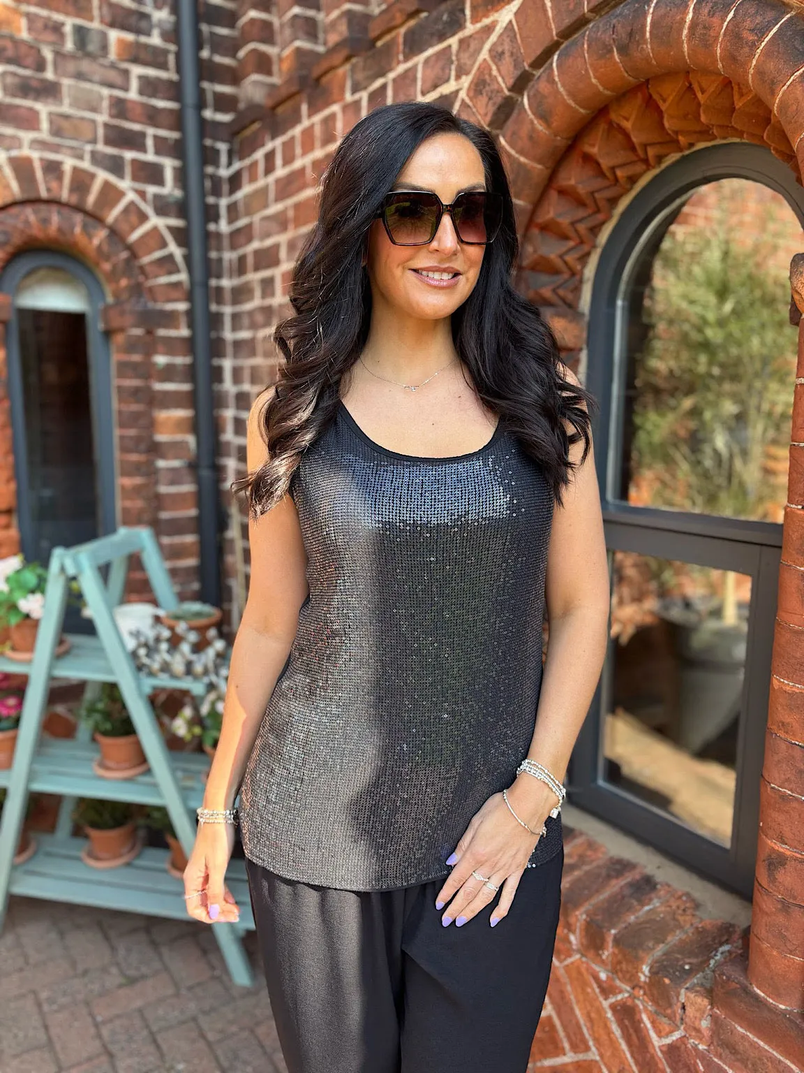 Black Sequin Vest Top Rebecca