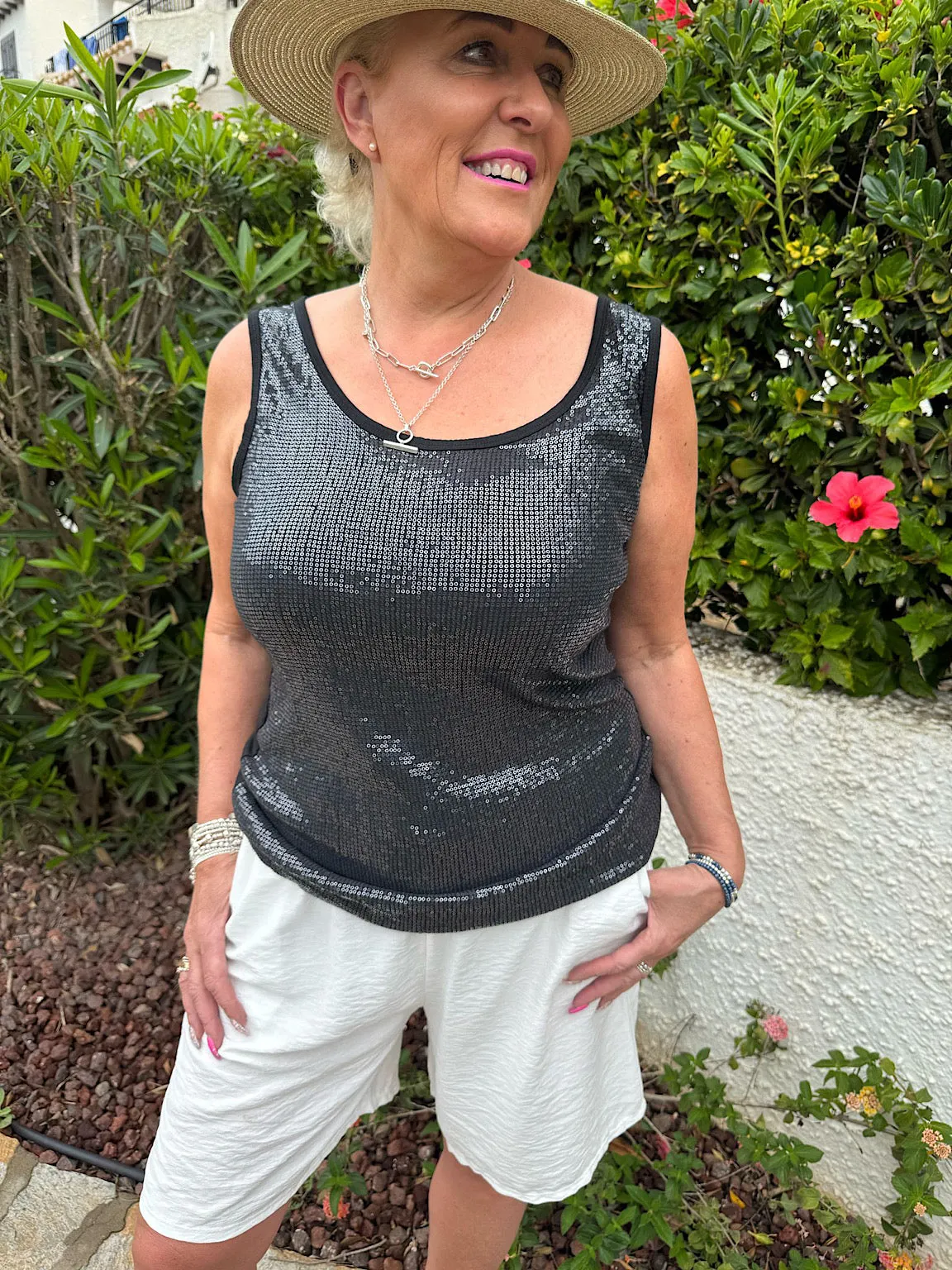 Black Sequin Vest Top Rebecca