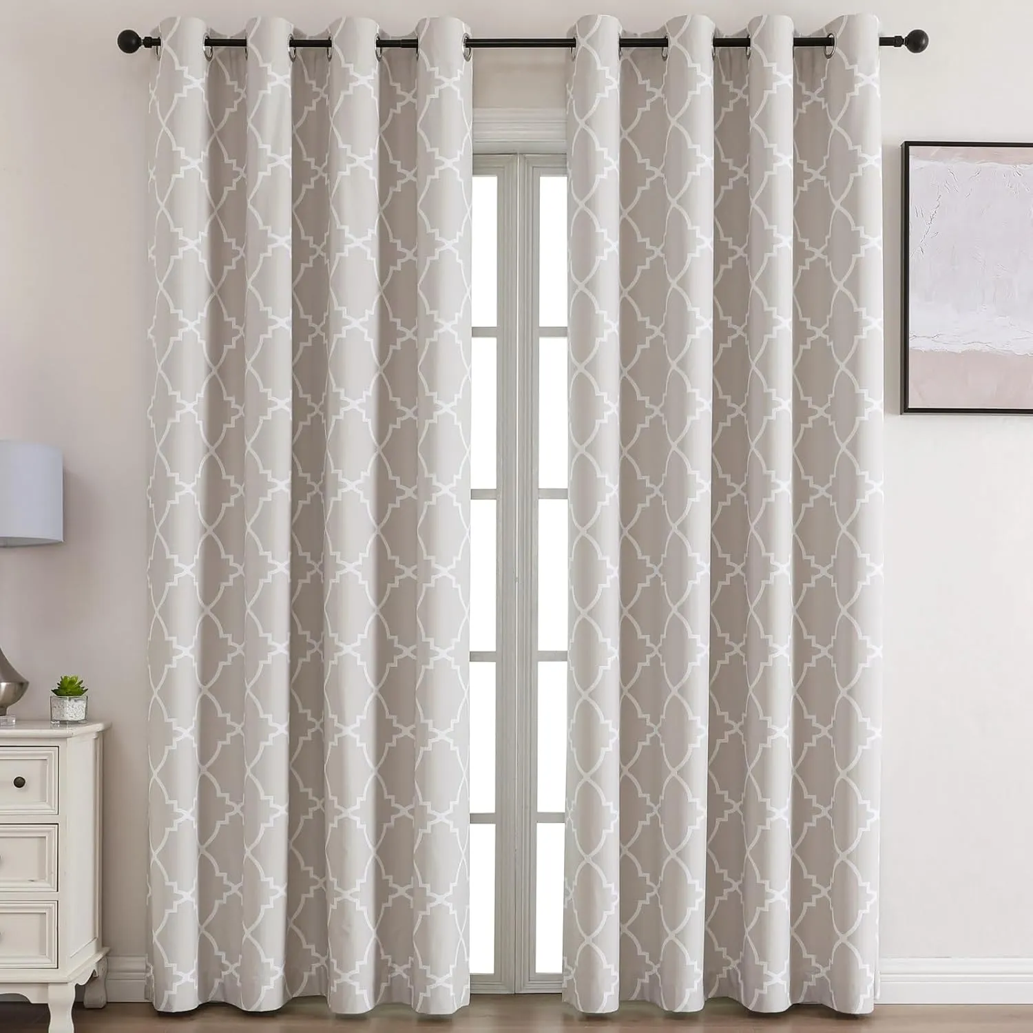 Blackout Curtains 84 Inch Length 2 Panels Set for Living Room, Noise Reducing Window Treatment Thermal Insulated Drapes, Moroccan Style, Beige, W 52xL 84 Inch