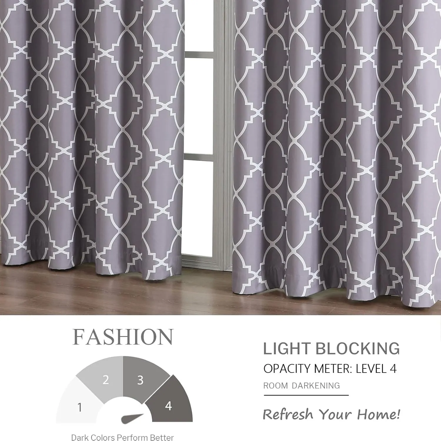 Blackout Curtains 84 Inch Length 2 Panels Set for Living Room, Noise Reducing Window Treatment Thermal Insulated Drapes, Moroccan Style, Grey, W 52xL 84 Inch