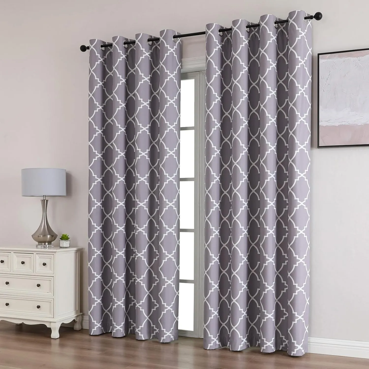 Blackout Curtains 84 Inch Length 2 Panels Set for Living Room, Noise Reducing Window Treatment Thermal Insulated Drapes, Moroccan Style, Grey, W 52xL 84 Inch
