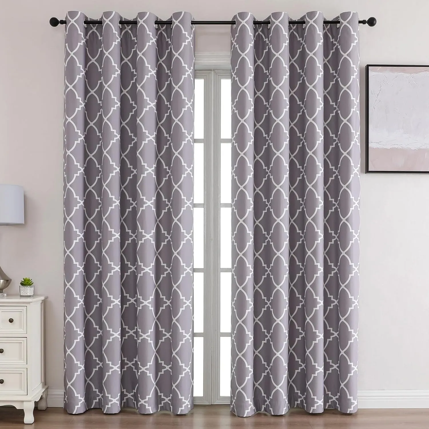 Blackout Curtains 84 Inch Length 2 Panels Set for Living Room, Noise Reducing Window Treatment Thermal Insulated Drapes, Moroccan Style, Grey, W 52xL 84 Inch