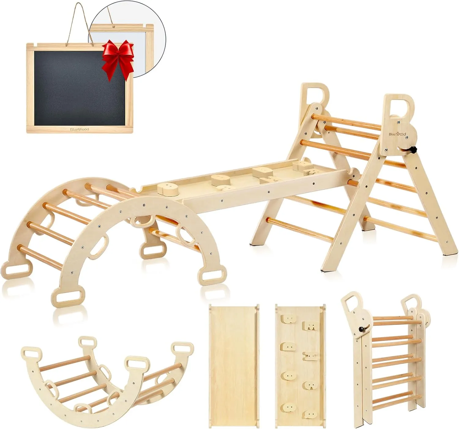 BlueWood Pikler Triangle Set, 7-in-1 Foldable Wooden Toddler Climbing Toys Indoor Playground Jungle Gym Montessori Philosophy Climber for 2-6 Years Old, Baby, Kids (Natural)