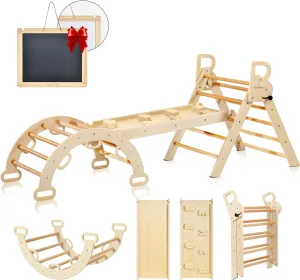 BlueWood Pikler Triangle Set, 7-in-1 Foldable Wooden Toddler Climbing Toys Indoor Playground Jungle Gym Montessori Philosophy Climber for 2-6 Years Old, Baby, Kids (Natural)