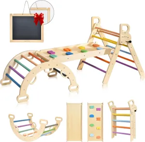 BlueWood Pikler Triangle Set, 7-in-1 Foldable Wooden Toddler Climbing Toys Indoor Playground Jungle Gym Montessori Philosophy Climber for 2-6 Years Old, Baby, Kids (Rainbow)