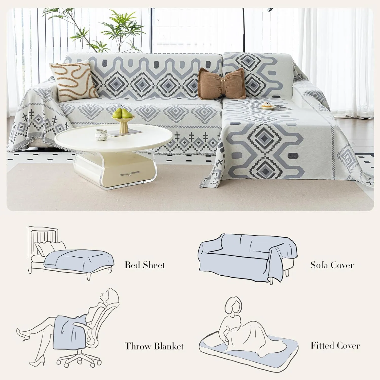 Boho Couch Cover, Chenille Sofa Cover Washable for Dogs, Boho Couch Covers for Sofa Pet Friendly, Bohemia Sofa Slipcovers for Recliner(Gray, 59"x 71")
