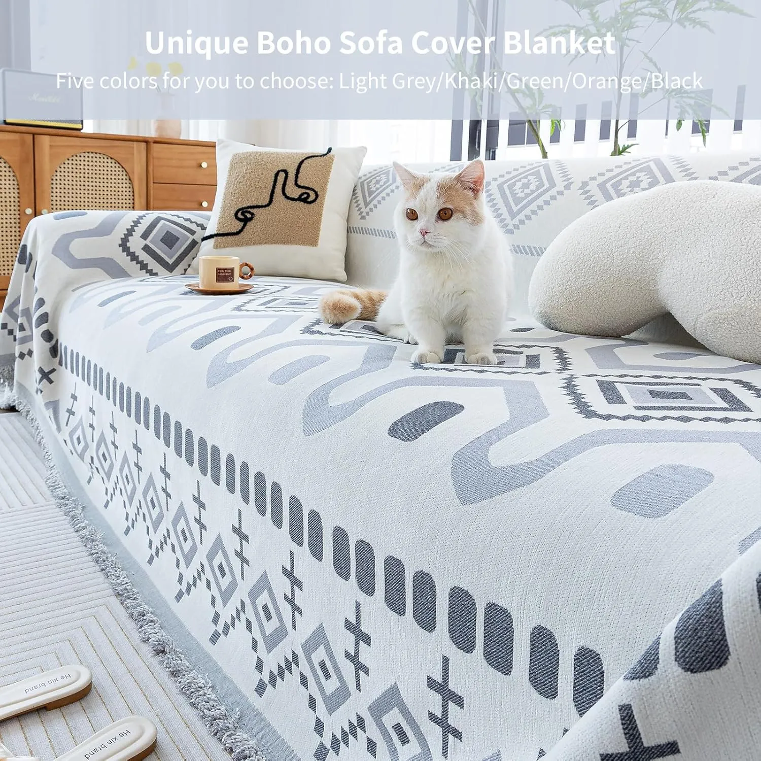 Boho Couch Cover, Chenille Sofa Cover Washable for Dogs, Boho Couch Covers for Sofa Pet Friendly, Bohemia Sofa Slipcovers for Recliner(Gray, 59"x 71")