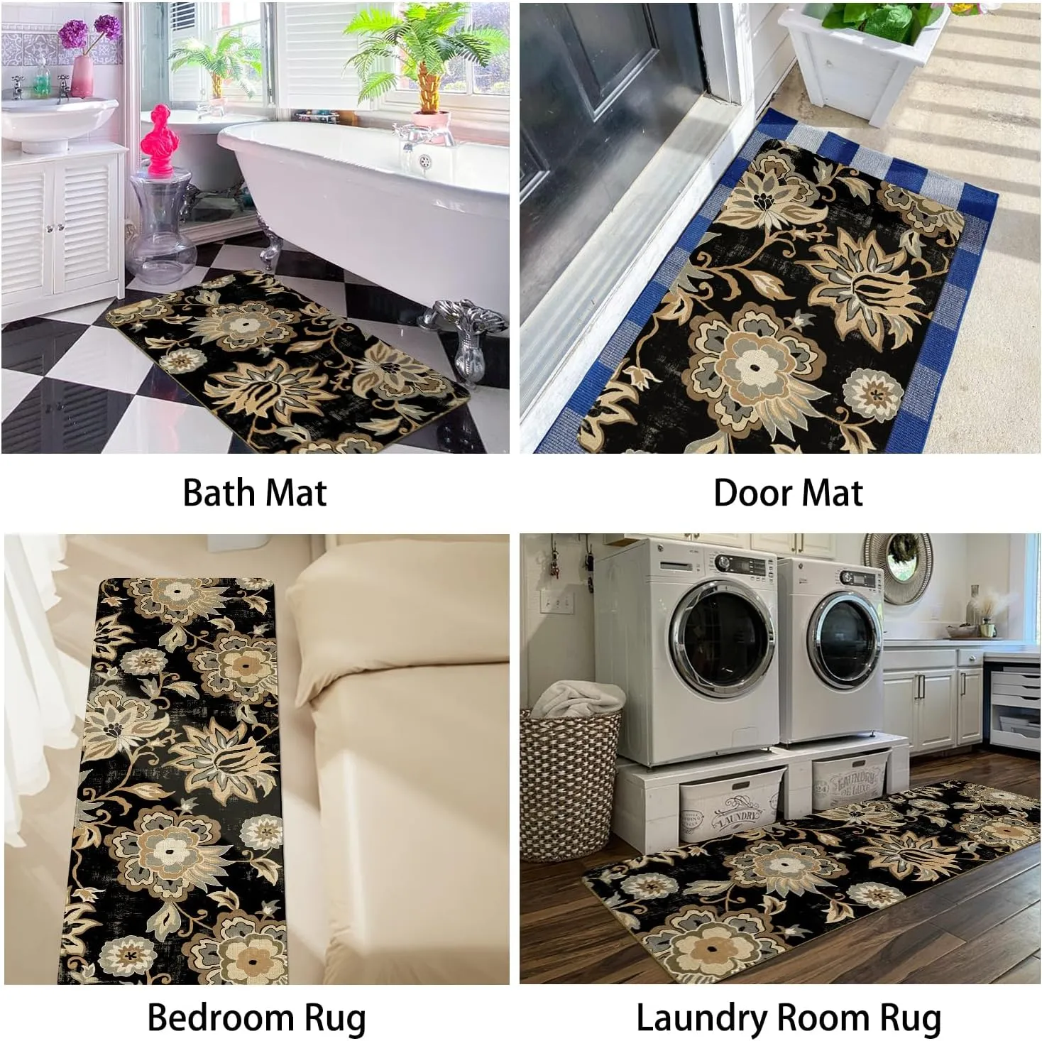 Boho Kitchen Mat Set of 2,Black Paisley Floral Kitchen Rugs and Mats Non Skid Washable,Bohemia Farmhouse Runner Rugs with Rubber Backing for Kitchen Decor Accessories (17"x47" 17"x30")