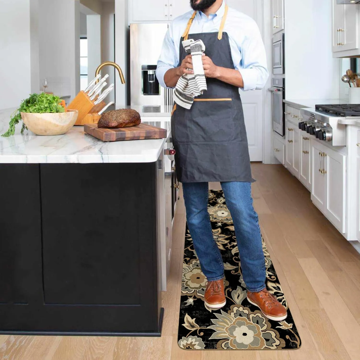 Boho Kitchen Mat Set of 2,Black Paisley Floral Kitchen Rugs and Mats Non Skid Washable,Bohemia Farmhouse Runner Rugs with Rubber Backing for Kitchen Decor Accessories (17"x47" 17"x30")