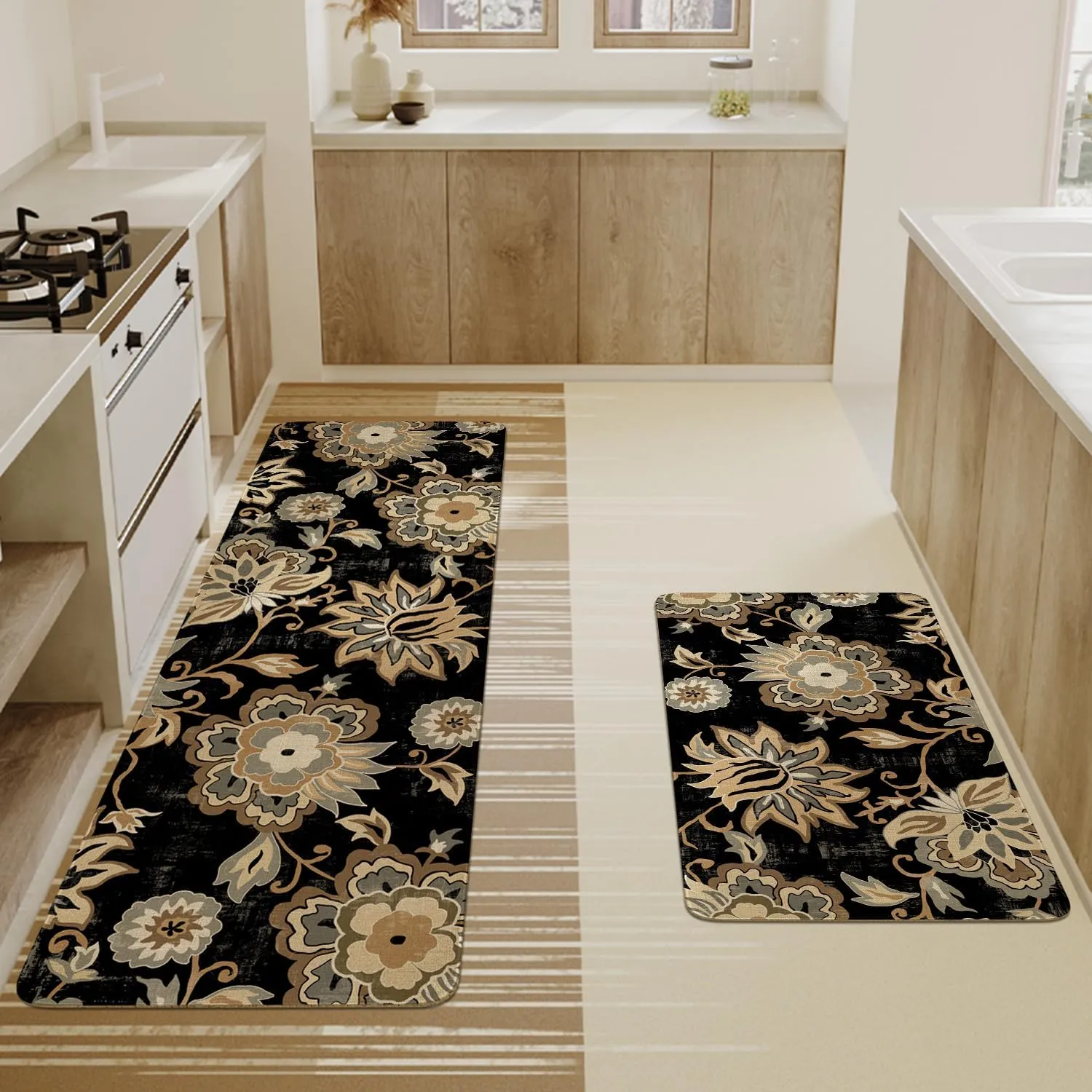 Boho Kitchen Mat Set of 2,Black Paisley Floral Kitchen Rugs and Mats Non Skid Washable,Bohemia Farmhouse Runner Rugs with Rubber Backing for Kitchen Decor Accessories (17"x47" 17"x30")