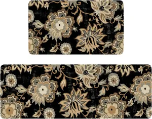Boho Kitchen Mat Set of 2,Black Paisley Floral Kitchen Rugs and Mats Non Skid Washable,Bohemia Farmhouse Runner Rugs with Rubber Backing for Kitchen Decor Accessories (17"x47" 17"x30")