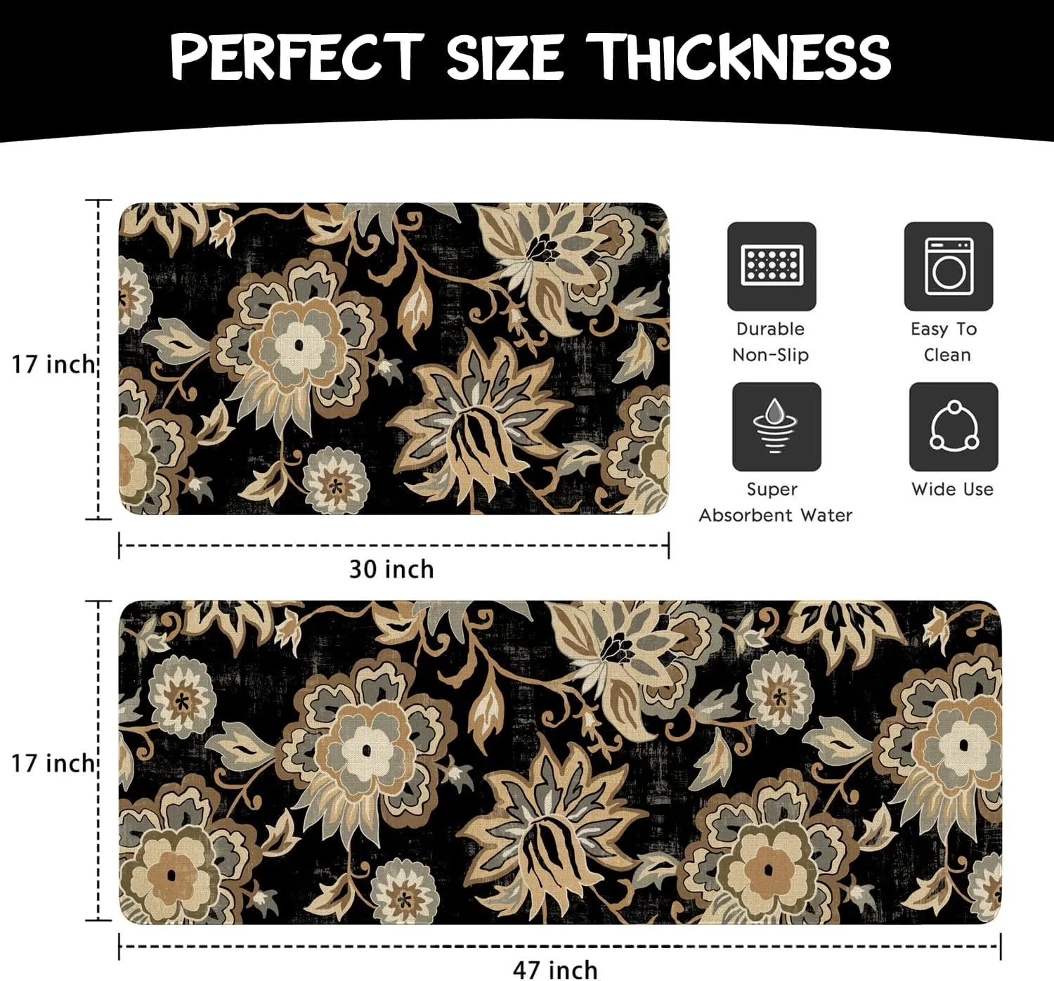 Boho Kitchen Mat Set of 2,Black Paisley Floral Kitchen Rugs and Mats Non Skid Washable,Bohemia Farmhouse Runner Rugs with Rubber Backing for Kitchen Decor Accessories (17"x47" 17"x30")