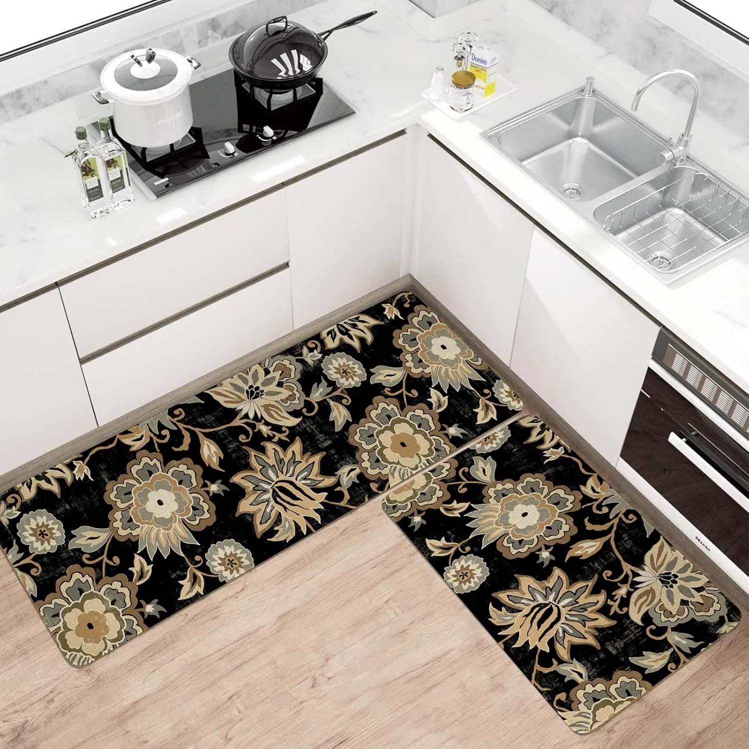 Boho Kitchen Mat Set of 2,Black Paisley Floral Kitchen Rugs and Mats Non Skid Washable,Bohemia Farmhouse Runner Rugs with Rubber Backing for Kitchen Decor Accessories (17"x47" 17"x30")