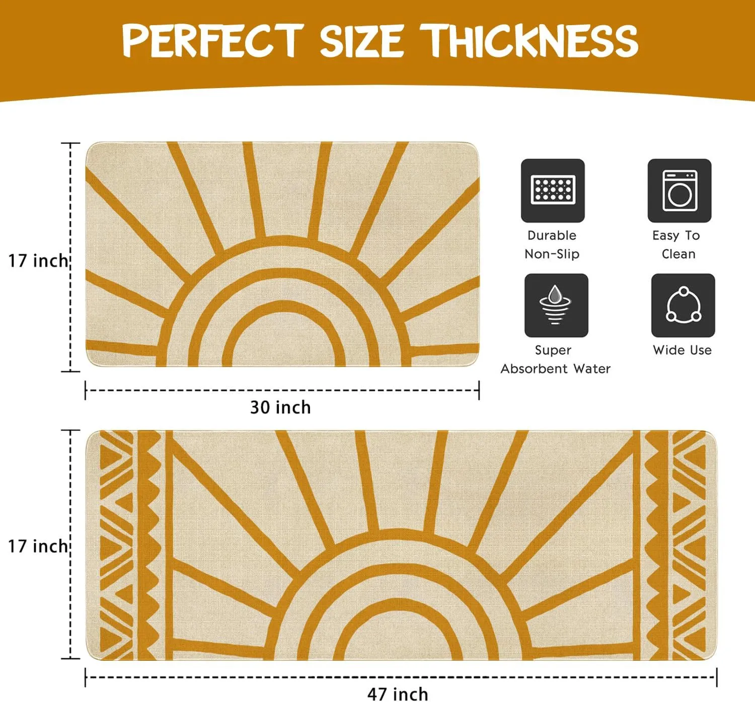Boho Kitchen Mat Set of 2,Modern Farmhouse Sun Kitchen Rugs and Mats Non Skid Washable,Bohemia Runner Rugs with Rubber Backing for Kitchen Decor Accessories (17"x47" 17"x30")