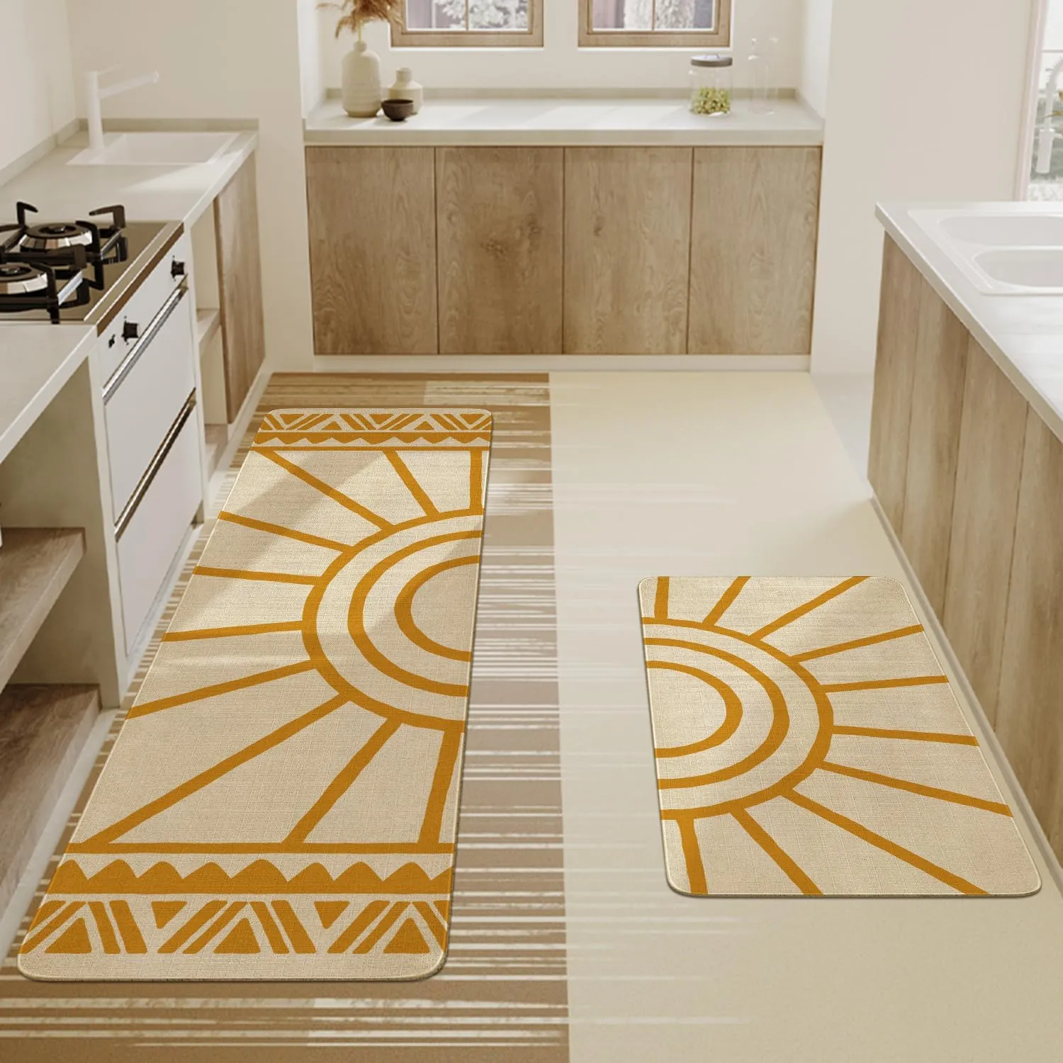 Boho Kitchen Mat Set of 2,Modern Farmhouse Sun Kitchen Rugs and Mats Non Skid Washable,Bohemia Runner Rugs with Rubber Backing for Kitchen Decor Accessories (17"x47" 17"x30")