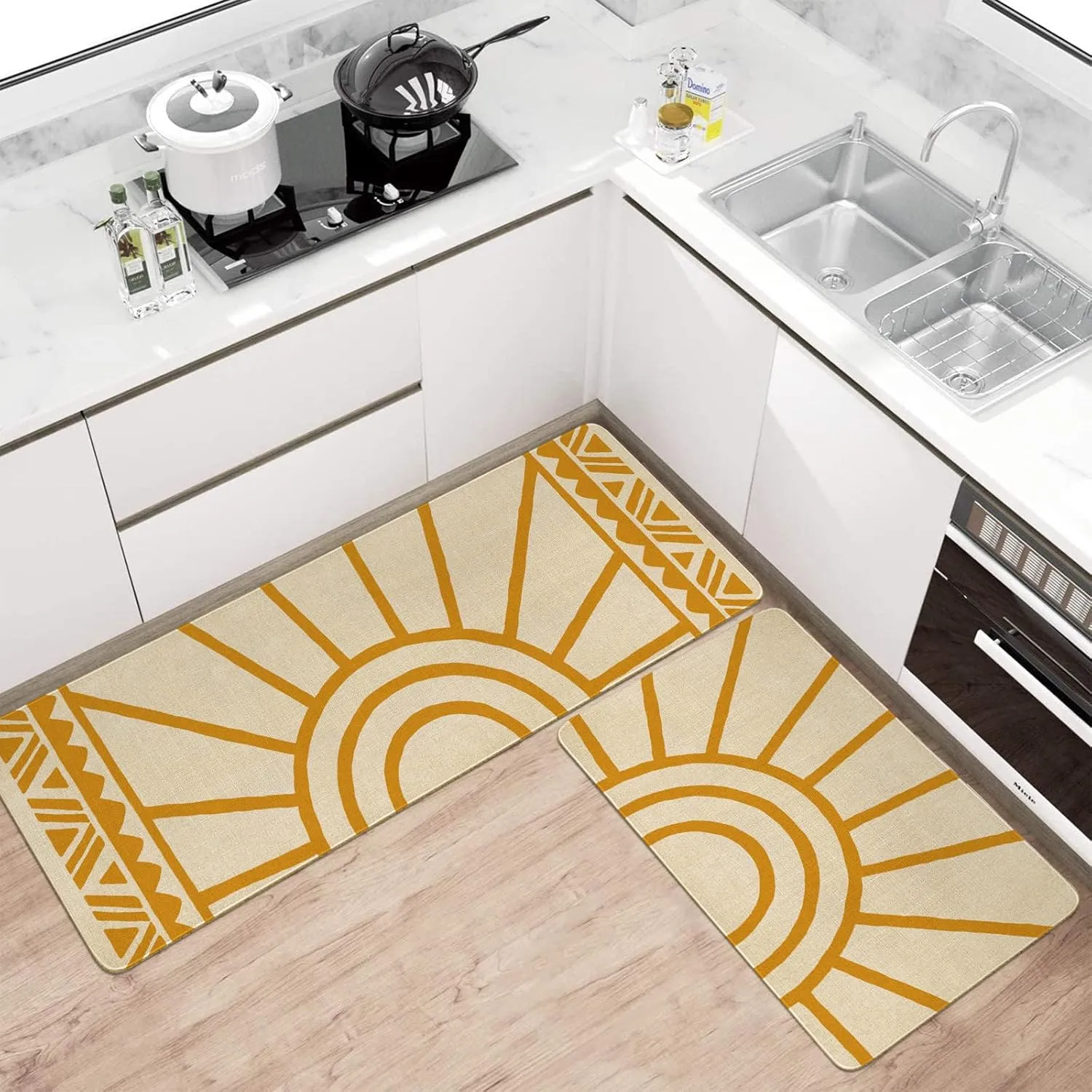 Boho Kitchen Mat Set of 2,Modern Farmhouse Sun Kitchen Rugs and Mats Non Skid Washable,Bohemia Runner Rugs with Rubber Backing for Kitchen Decor Accessories (17"x47" 17"x30")