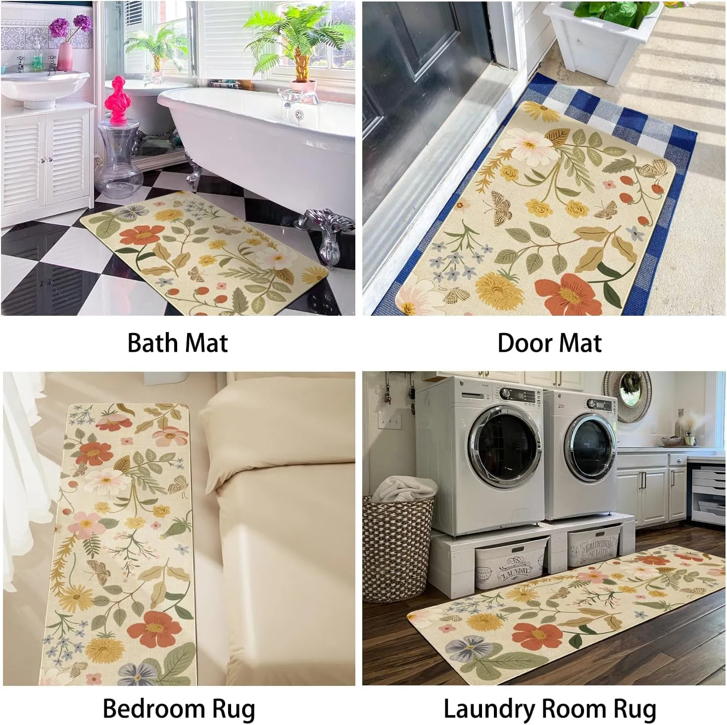 Boho Kitchen Mat Set of 2,Strawberry Floral Modern Farmhouse Kitchen Rugs and Mats Non Skid Washable,Bohemia Runner Rugs with Rubber Backing for Kitchen Decor Accessories (17"x47" 17"x30")