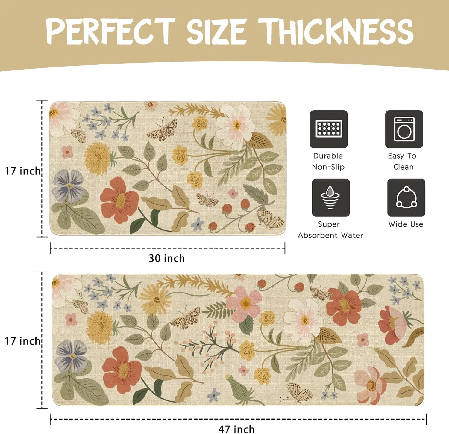 Boho Kitchen Mat Set of 2,Strawberry Floral Modern Farmhouse Kitchen Rugs and Mats Non Skid Washable,Bohemia Runner Rugs with Rubber Backing for Kitchen Decor Accessories (17"x47" 17"x30")