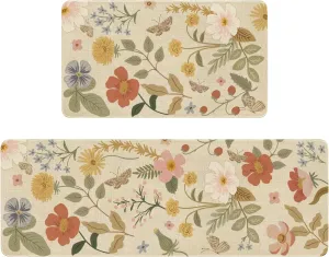 Boho Kitchen Mat Set of 2,Strawberry Floral Modern Farmhouse Kitchen Rugs and Mats Non Skid Washable,Bohemia Runner Rugs with Rubber Backing for Kitchen Decor Accessories (17"x47" 17"x30")