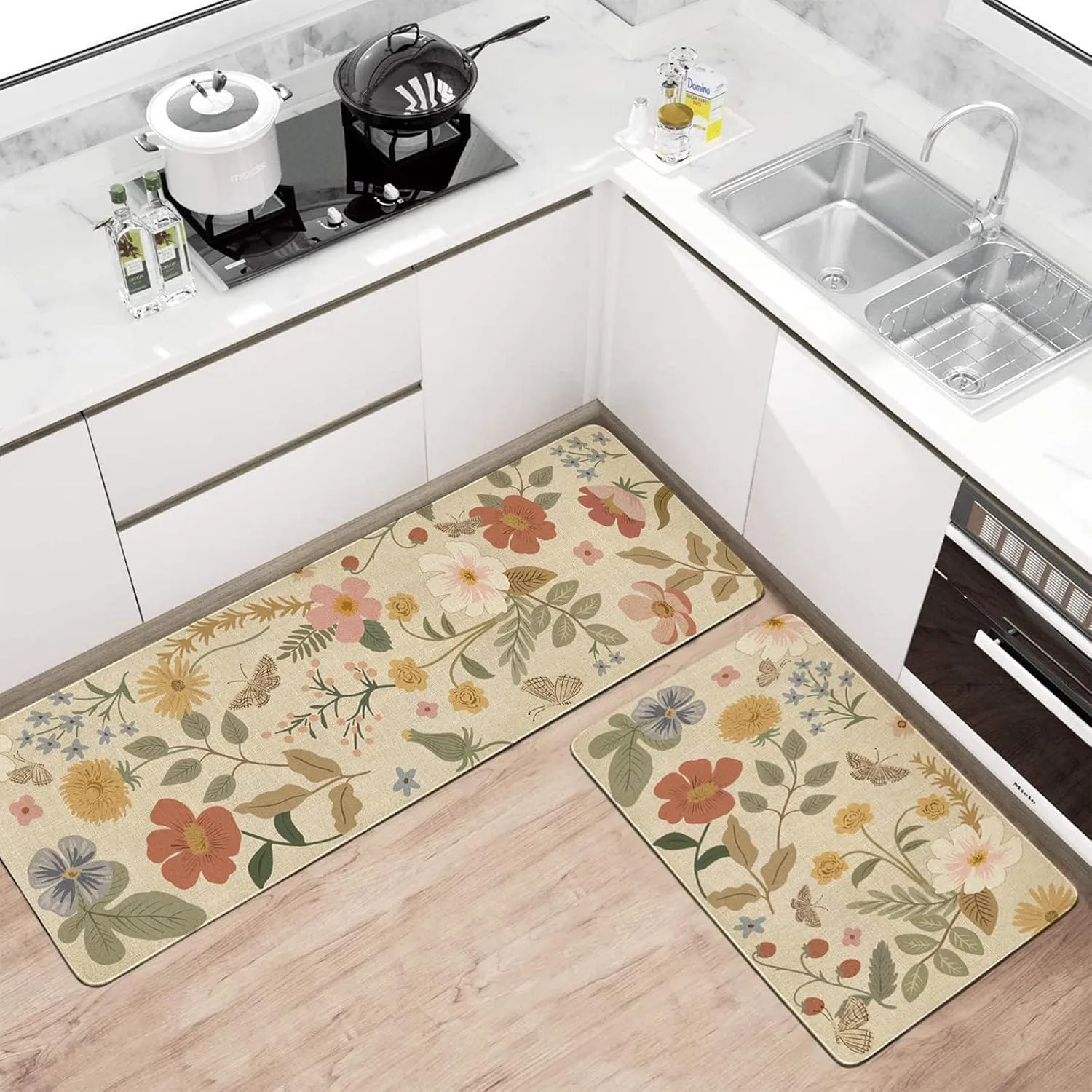 Boho Kitchen Mat Set of 2,Strawberry Floral Modern Farmhouse Kitchen Rugs and Mats Non Skid Washable,Bohemia Runner Rugs with Rubber Backing for Kitchen Decor Accessories (17"x47" 17"x30")