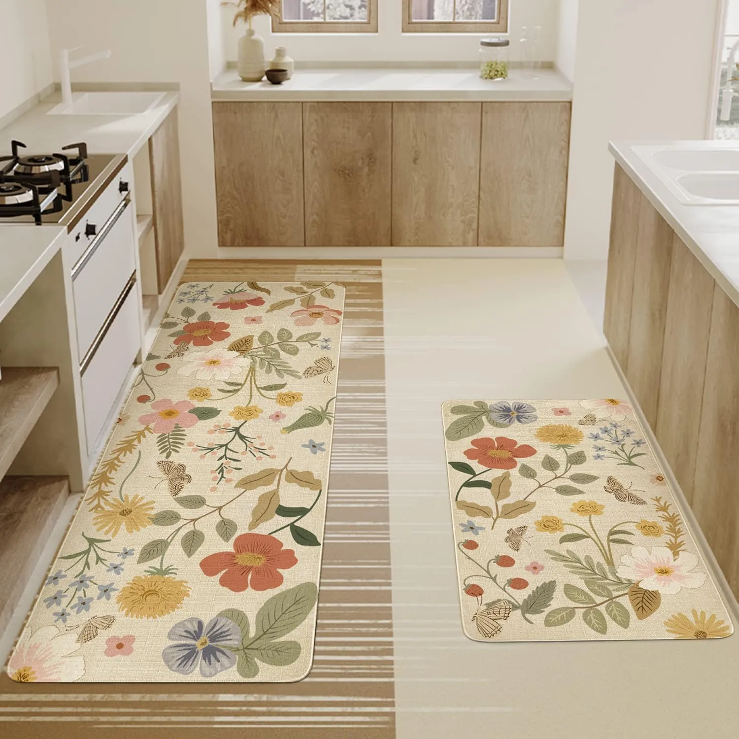 Boho Kitchen Mat Set of 2,Strawberry Floral Modern Farmhouse Kitchen Rugs and Mats Non Skid Washable,Bohemia Runner Rugs with Rubber Backing for Kitchen Decor Accessories (17"x47" 17"x30")