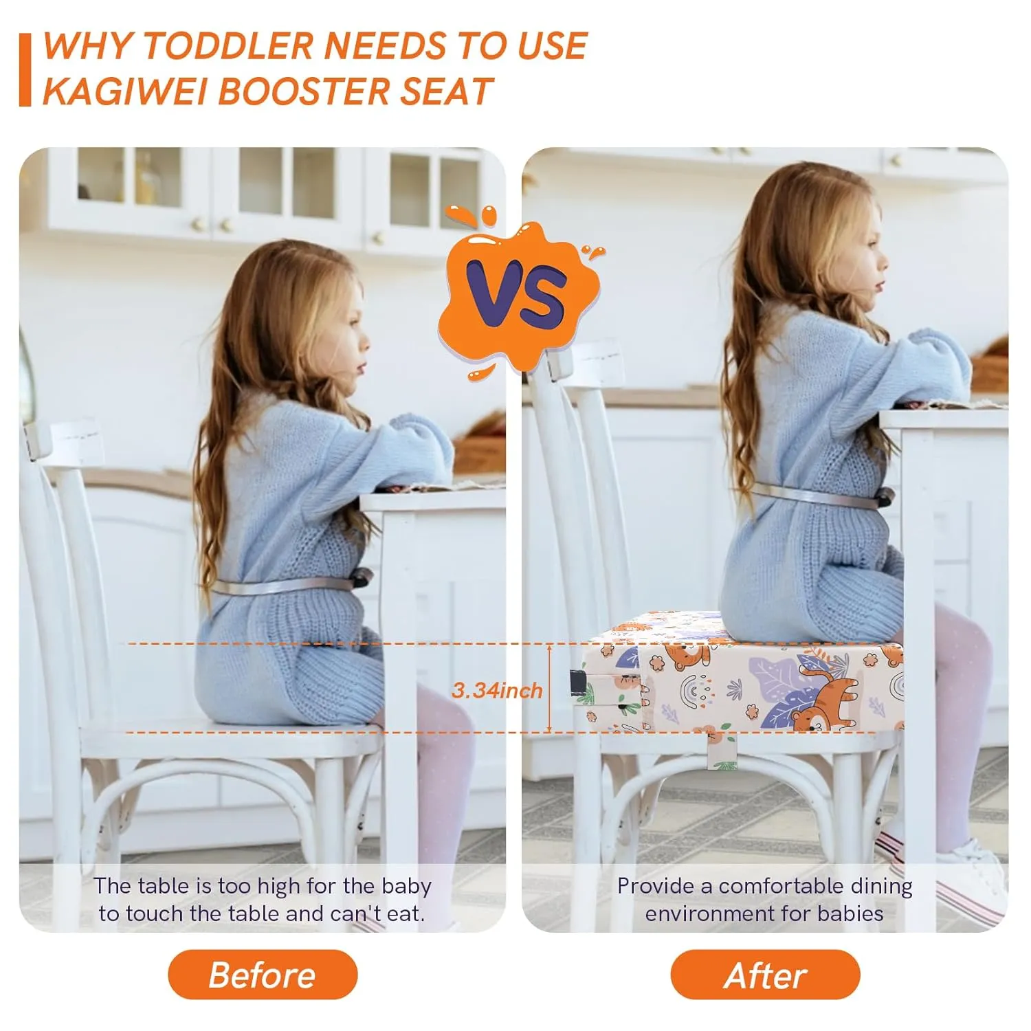 Booster Seat for Kitchen Chair - Strong Support Toddler Booster Seat for Dining Table, Portable Booster Chair with Adjustable Elasticity Straps for Toddlers Eating Travel Home