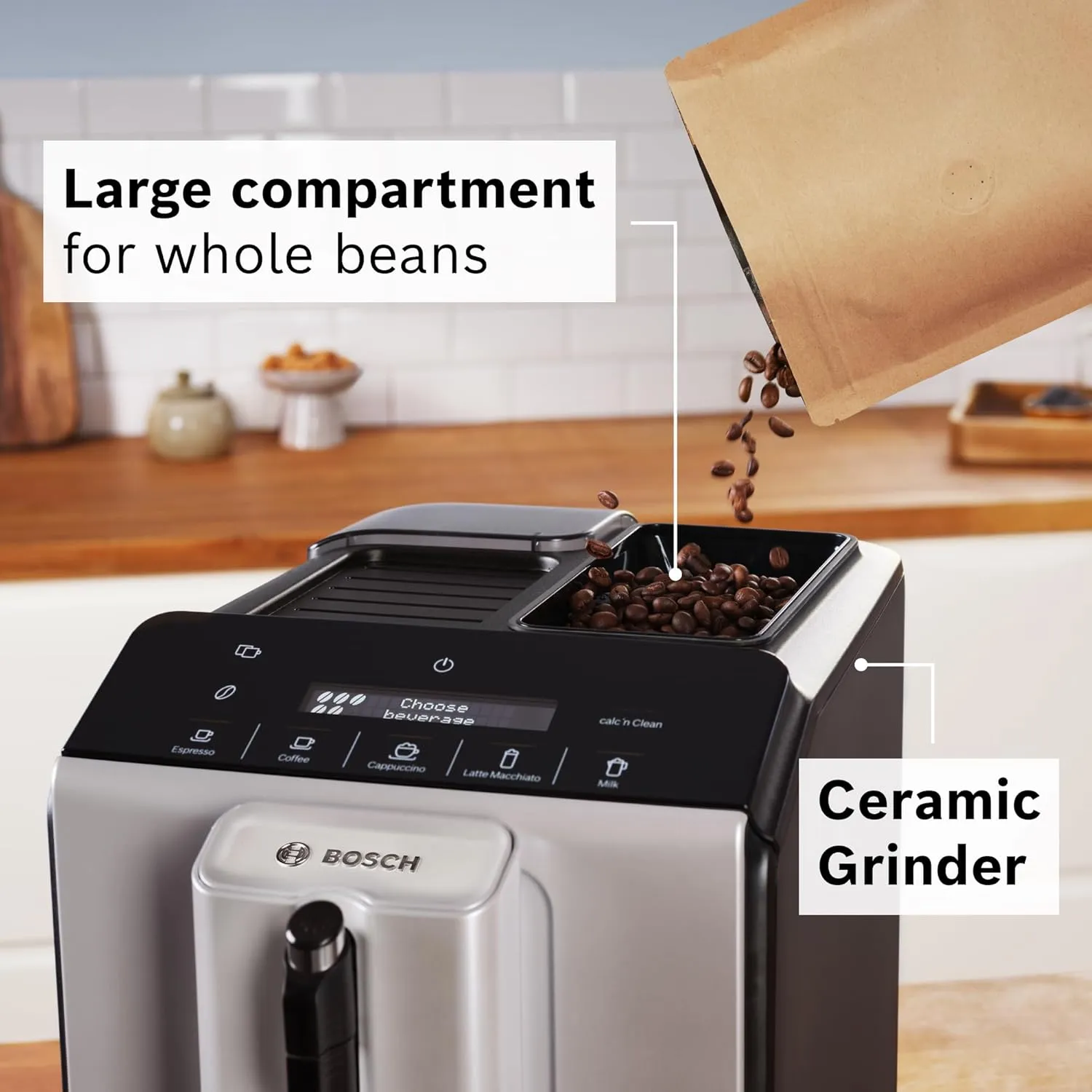 Bosch TIU20307 300 Series Fully Automatic Espresso Machine with Milk Express (in-cup frother), LCD   Touch Control Panel, OneTouch Milk-based Beverages and 5 Beverage Options, in Silver