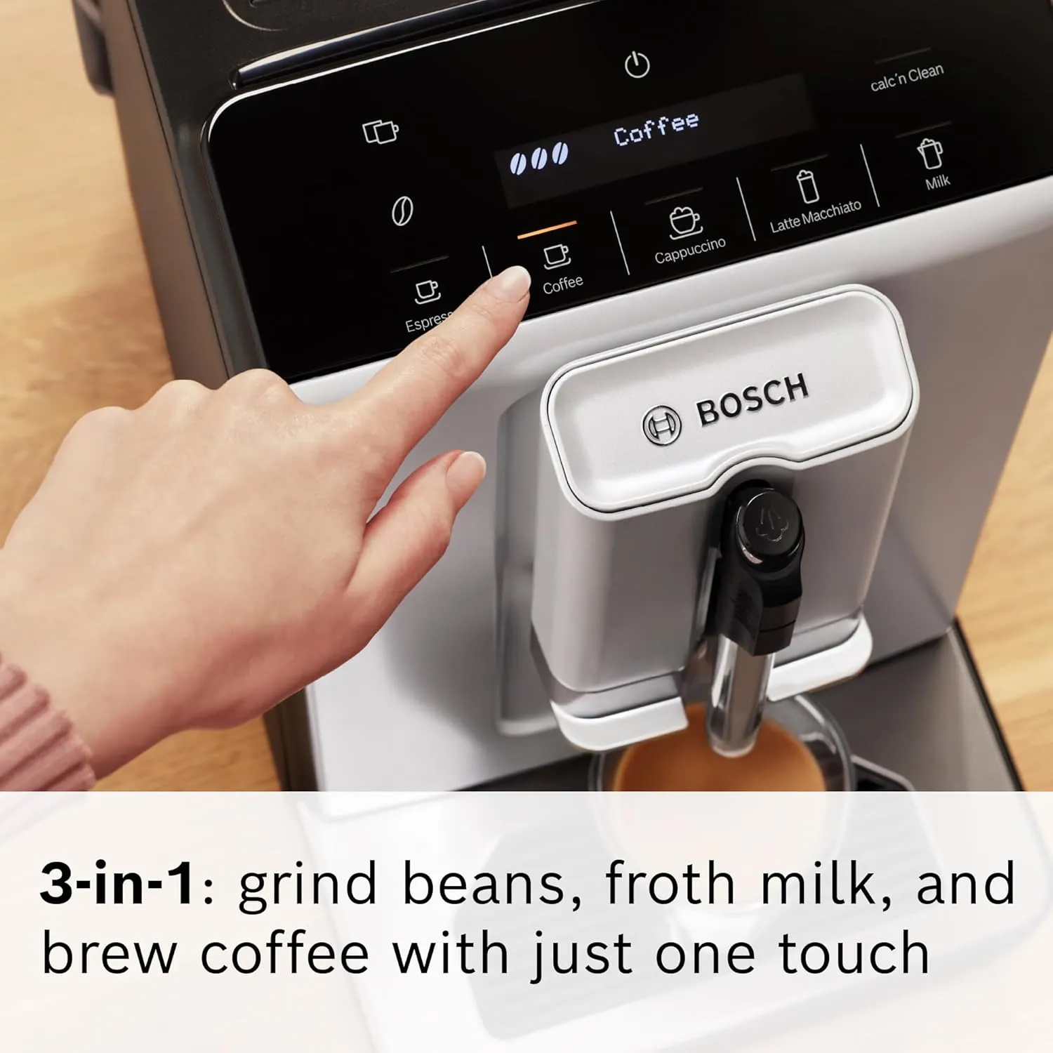 Bosch TIU20307 300 Series Fully Automatic Espresso Machine with Milk Express (in-cup frother), LCD   Touch Control Panel, OneTouch Milk-based Beverages and 5 Beverage Options, in Silver
