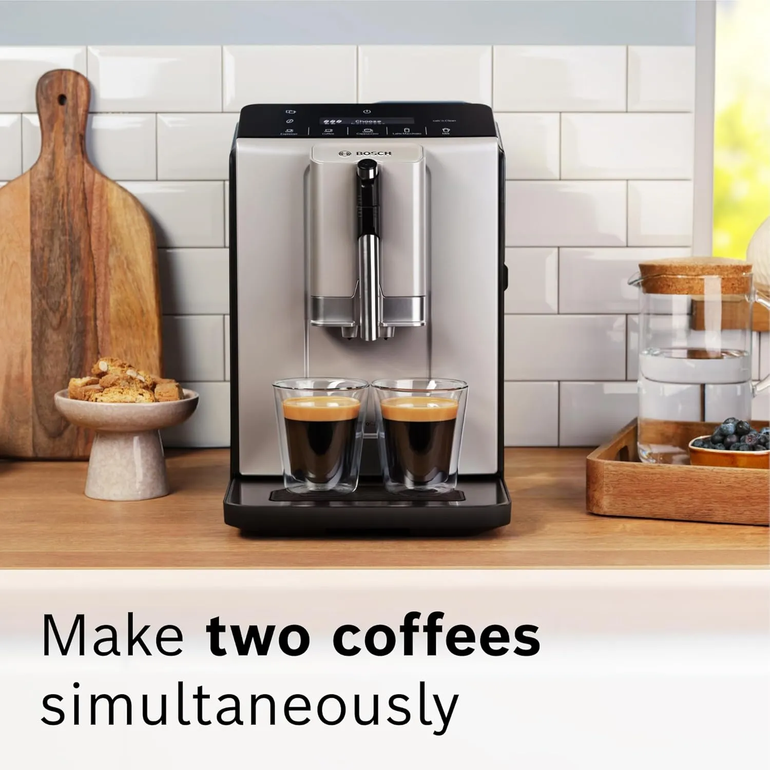Bosch TIU20307 300 Series Fully Automatic Espresso Machine with Milk Express (in-cup frother), LCD   Touch Control Panel, OneTouch Milk-based Beverages and 5 Beverage Options, in Silver