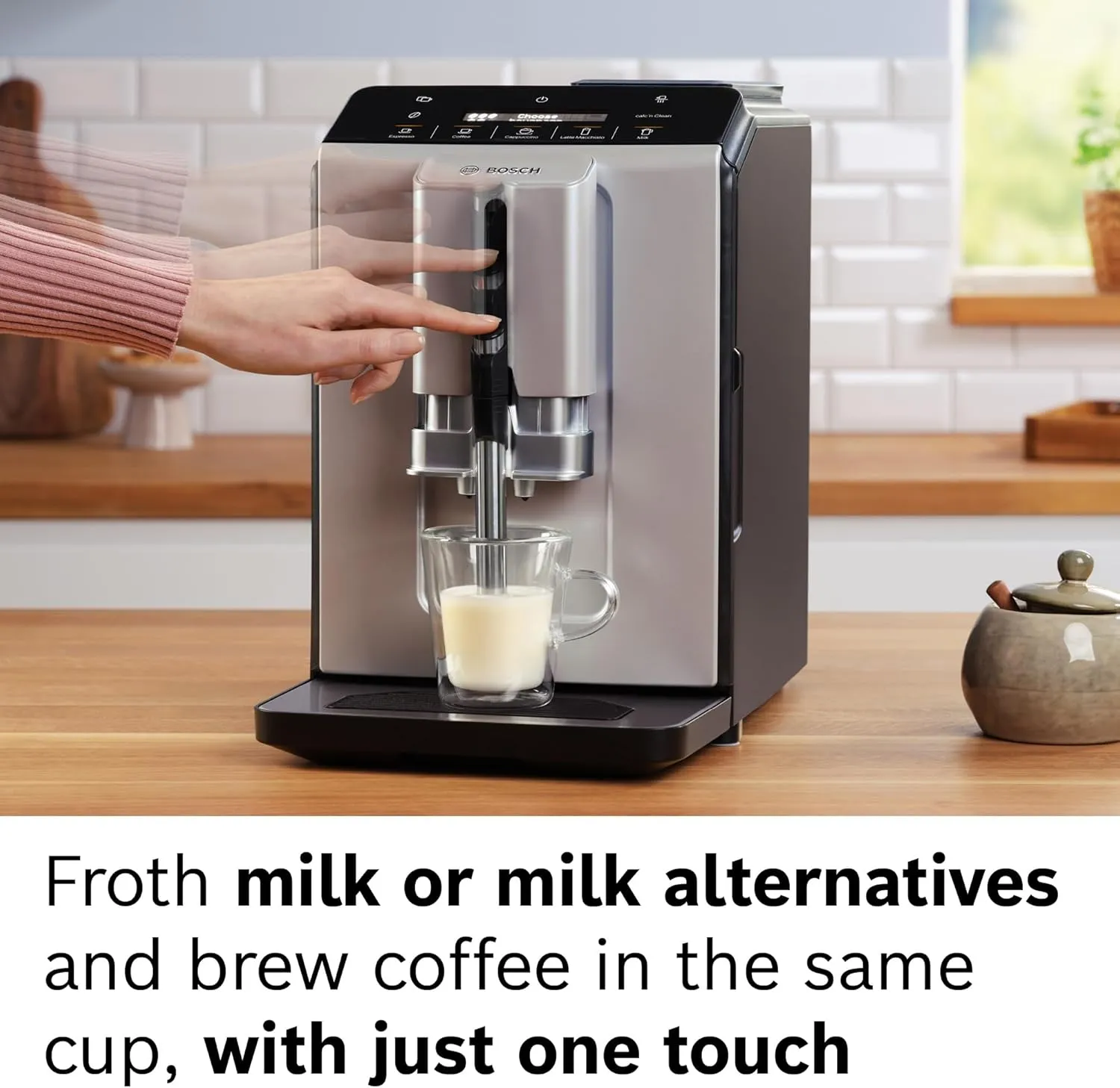 Bosch TIU20307 300 Series Fully Automatic Espresso Machine with Milk Express (in-cup frother), LCD   Touch Control Panel, OneTouch Milk-based Beverages and 5 Beverage Options, in Silver