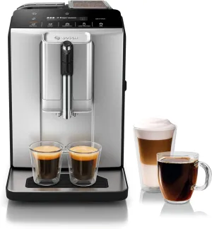 Bosch TIU20307 300 Series Fully Automatic Espresso Machine with Milk Express (in-cup frother), LCD   Touch Control Panel, OneTouch Milk-based Beverages and 5 Beverage Options, in Silver