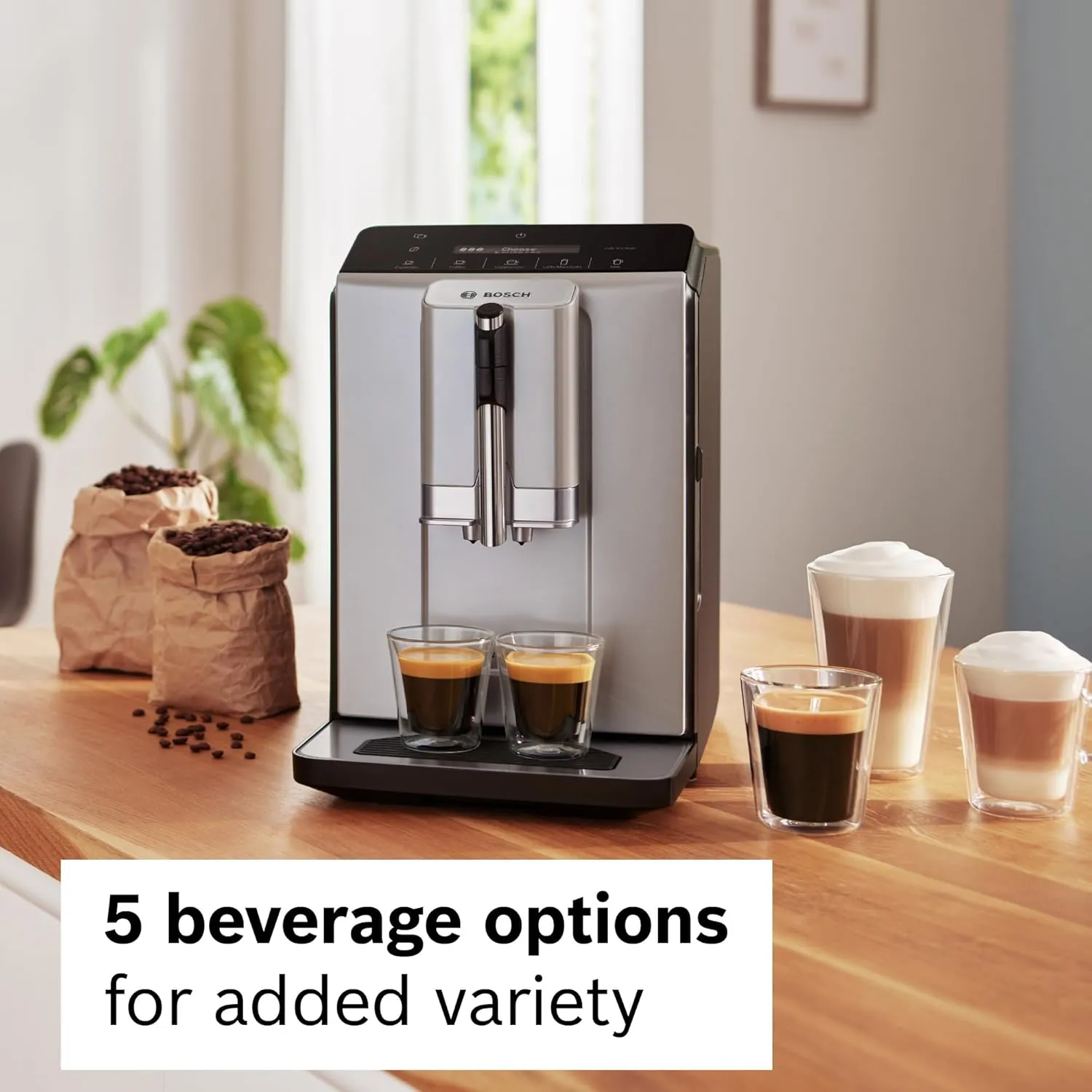 Bosch TIU20307 300 Series Fully Automatic Espresso Machine with Milk Express (in-cup frother), LCD   Touch Control Panel, OneTouch Milk-based Beverages and 5 Beverage Options, in Silver