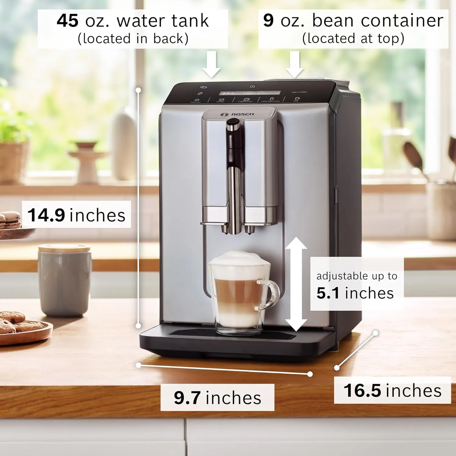 Bosch TIU20307 300 Series Fully Automatic Espresso Machine with Milk Express (in-cup frother), LCD   Touch Control Panel, OneTouch Milk-based Beverages and 5 Beverage Options, in Silver