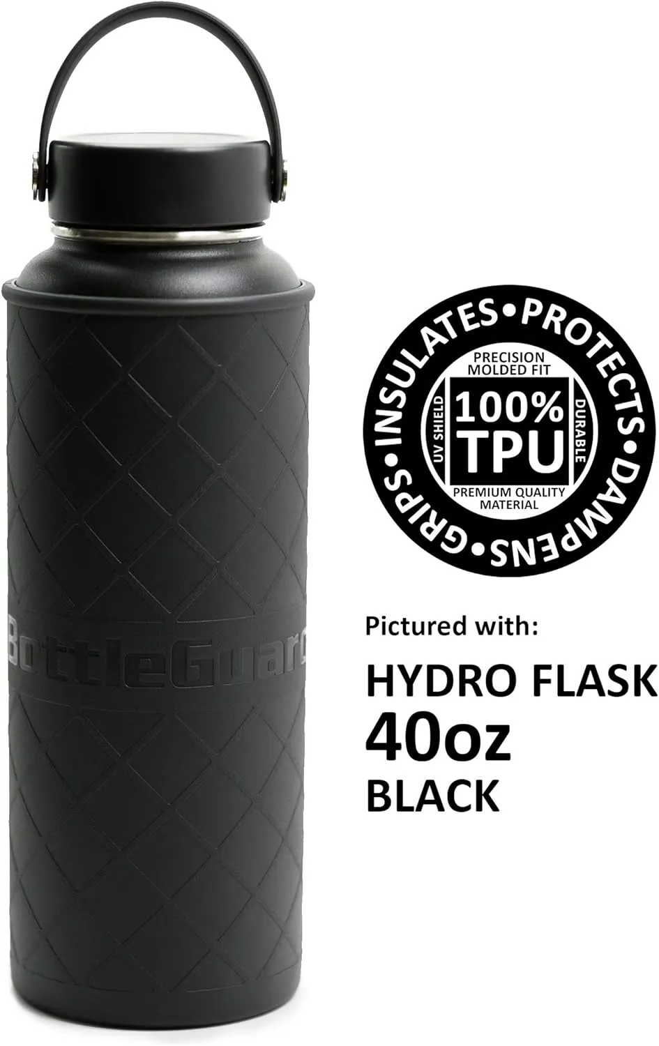 BottleGuard TPU Rugged Bottle Sleeve Skin Protector for 40oz Hydro Flask, ThermoFlask Stainless Steel Bottles