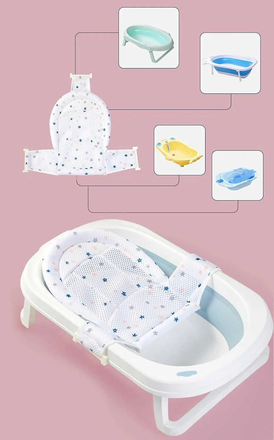 Breathable Mesh Newborn Baby Bath Mat Floating Foam Baby Tub Pillow Adjustable Non-Slip Bath Seat Pad Bath Cushion for Bathtub for 0-18 Months(NO TUB)