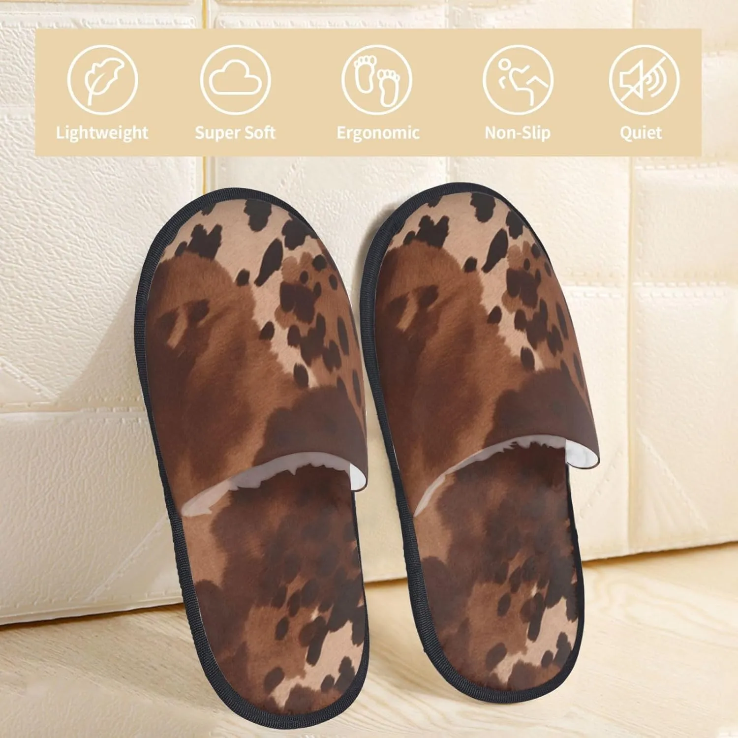 Brown cowhide art Furry Slippers for Men Women Fuzzy Memory Foam Slippers Warm Comfy Slip-on Bedroom Shoes Winter House Shoes for Indoor Outdoor