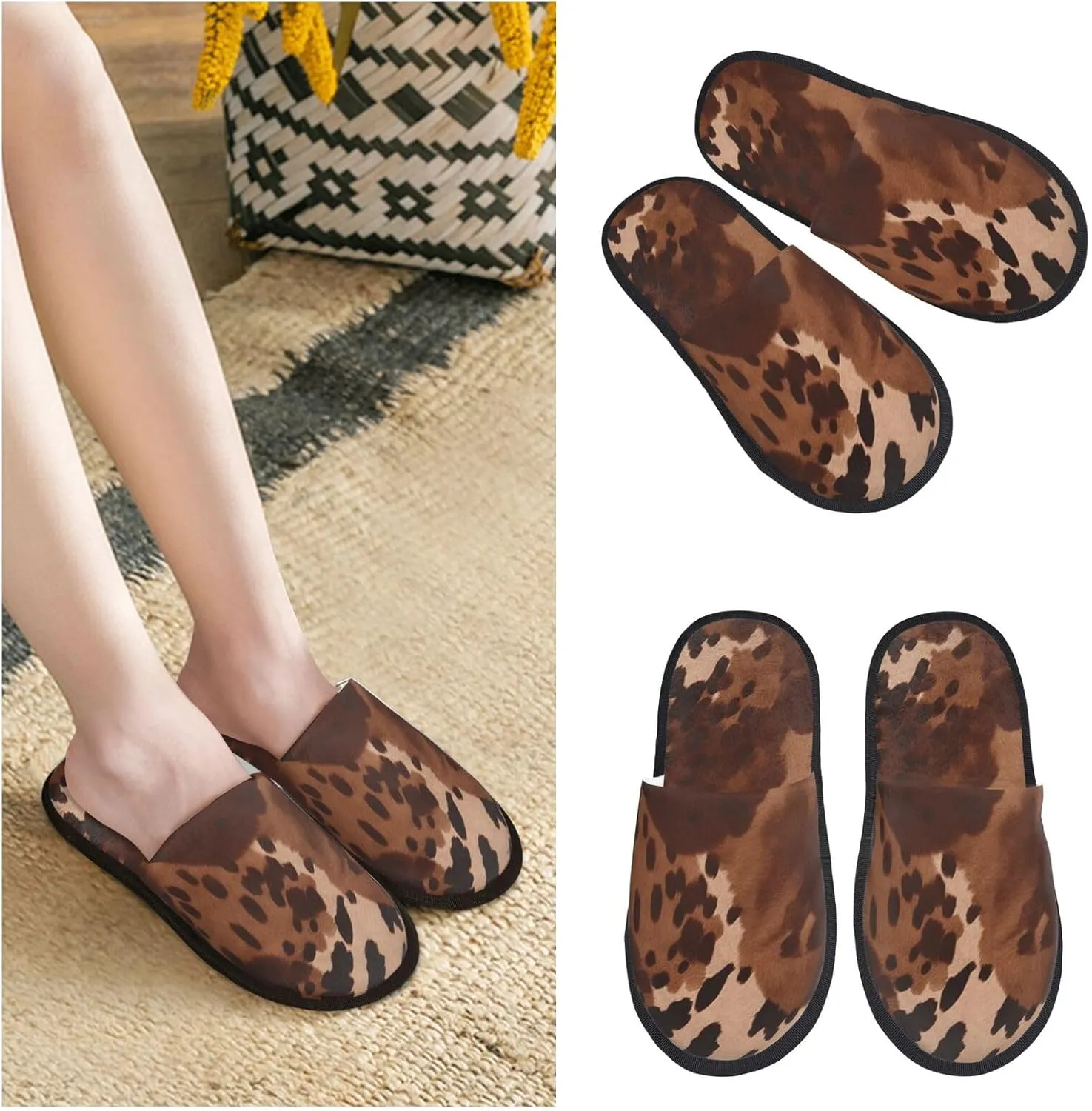 Brown cowhide art Furry Slippers for Men Women Fuzzy Memory Foam Slippers Warm Comfy Slip-on Bedroom Shoes Winter House Shoes for Indoor Outdoor